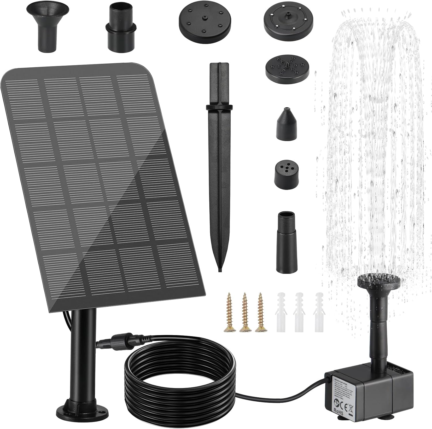 Fontaine solaire 5V/2,5 W – Pompe à eau solaire 170 L/h avec 5 buses et câble 3,25 m