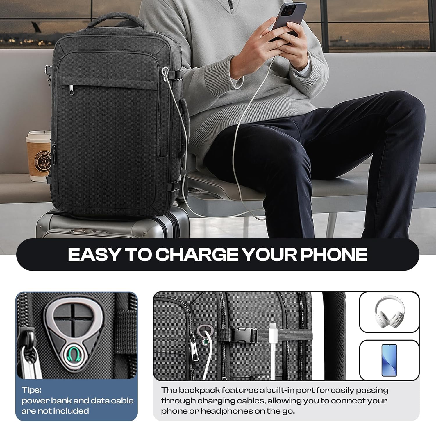 Thumbnail 5 de Sirmaeed Carry-On Backpack 40L–50L (Expandable) TSA-Approved for 17.3” Laptops, Black