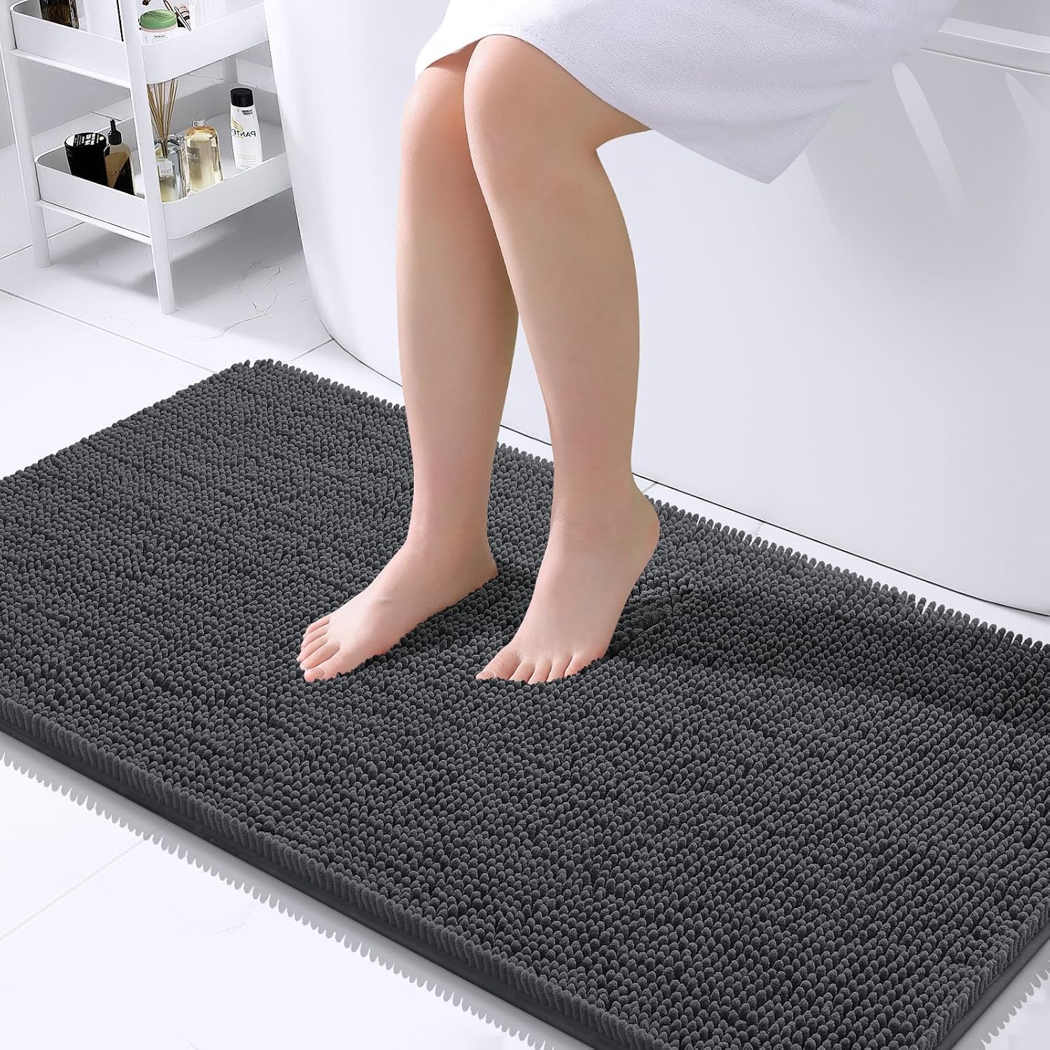 OLANLY Bathroom Runner Rug, 40" x 24" Chenille, Dark Gray, Rubber Backing