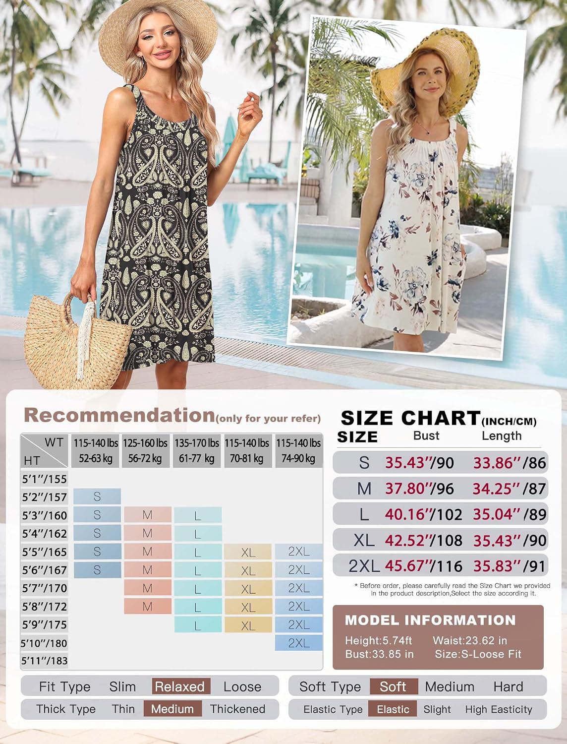 Detalle 2 de AUSELILY Damen Sommer Tank Kleid Casual für Urlaub – kurz, Halter-Ausschnitt mit Taschen