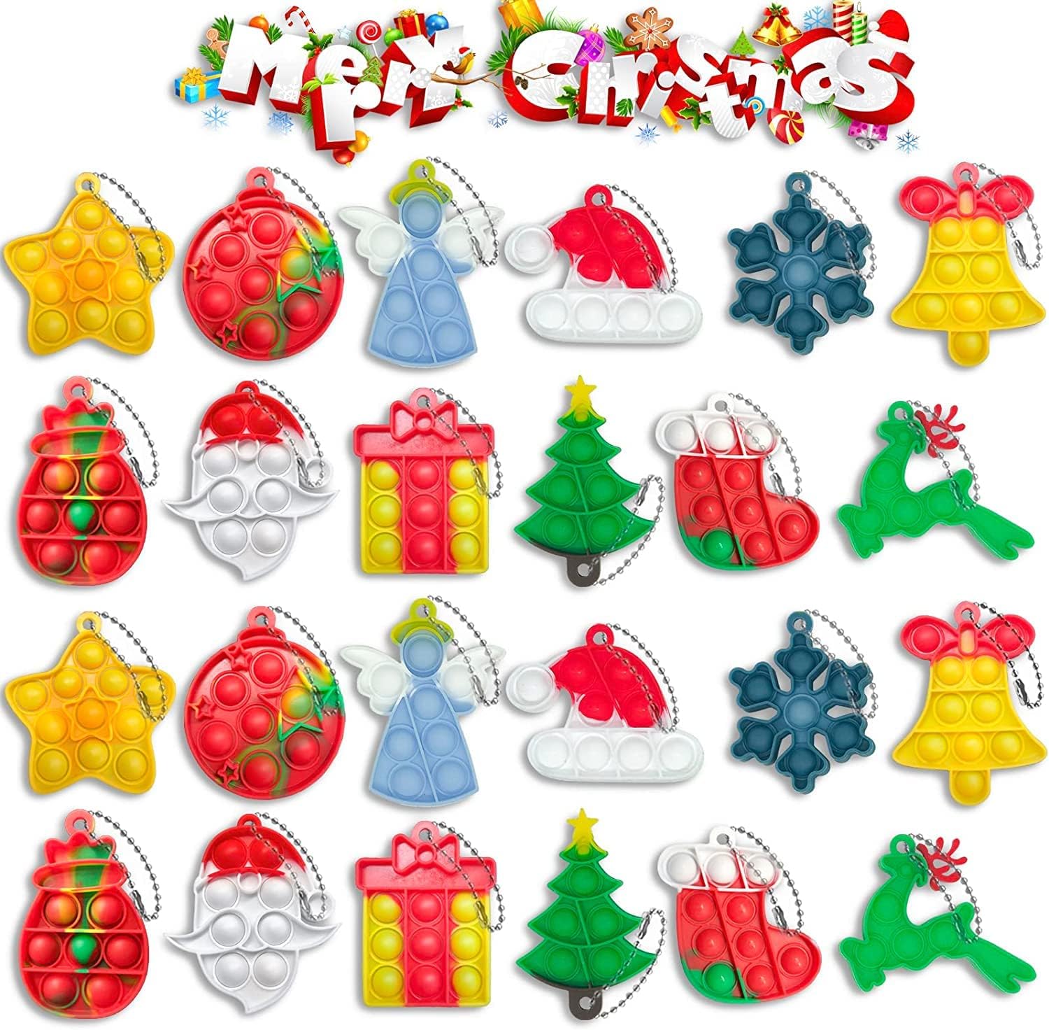 Detalle de SUNOWE Christmas Mini Push Pop Fidget Keychains, 24-Piece Silicone Set