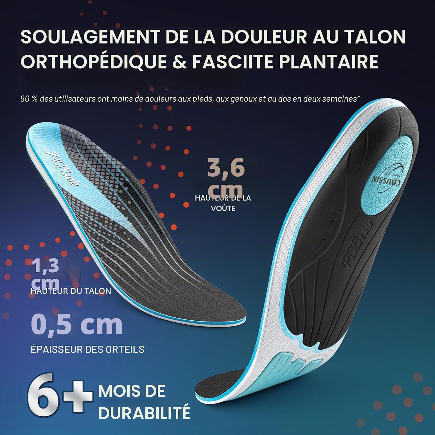 Detalle de PCSsole Semelles Orthopédiques – Soutien de voûte renforcé pour fasciite plantaire et confort quotidien