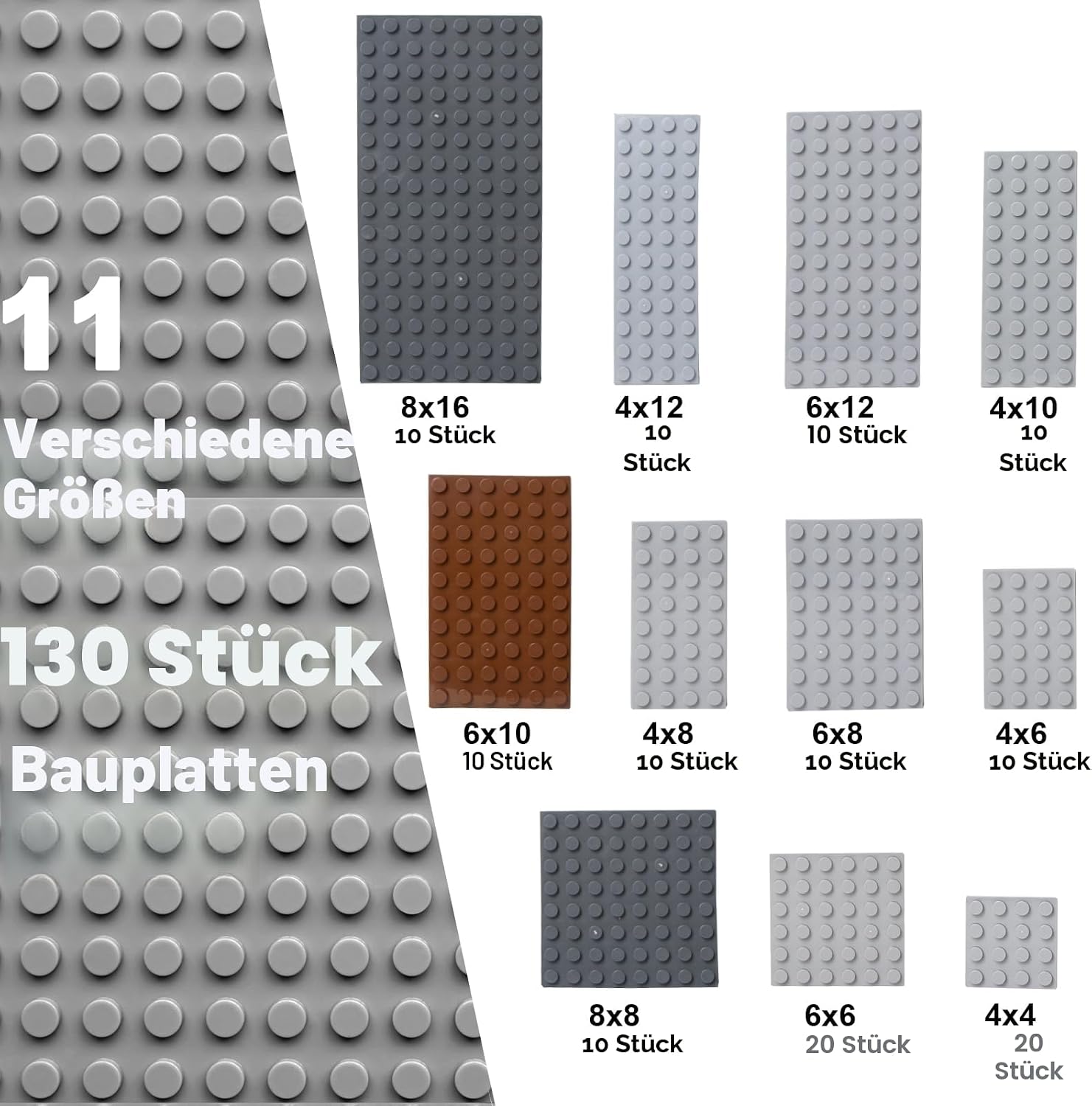 Detalle de Cabeeskii 130PCS Platten-Set Bauplatten in 11 Größen, 3 Farben – kompatibel mit großen Marken