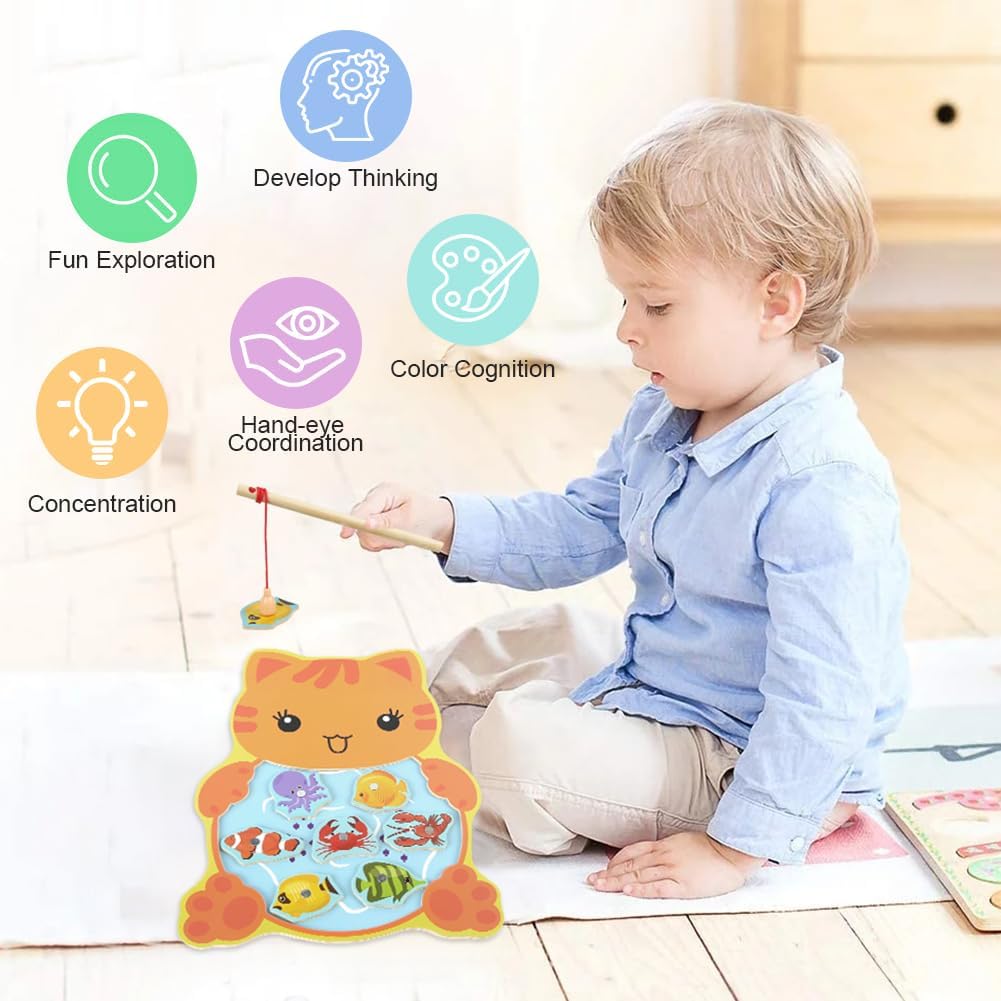 Detalle 2 de Vicloon Magnetic Wooden Fishing Game, Kitten Style, 8 Fish and 2 Rods