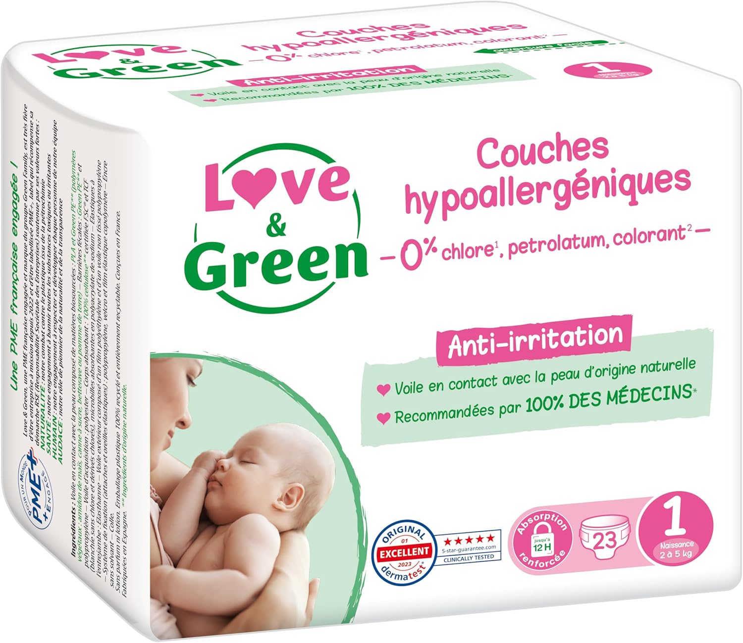 Thumbnail 1 de Love & Green Couches Bébé Saines et Écologiques – Taille 1 (2-5 kg) – Pack 1 Mois (138 Couches)