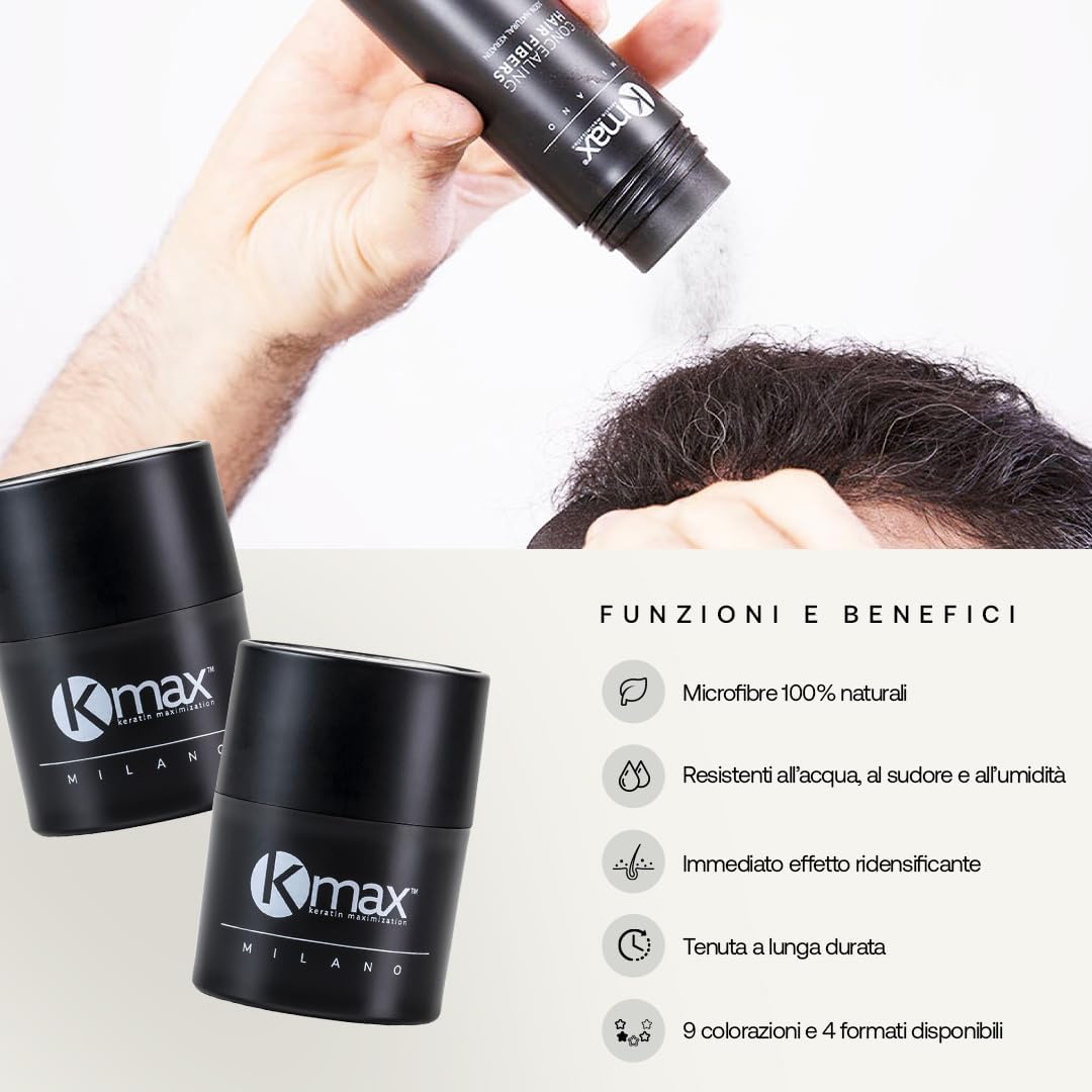Detalle de Kmax Fibre Cheratina per Capelli 5 g – Polvere volumizzante naturale per capelli diradati (Castano scuro)
