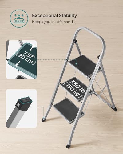 Detalle de SONGMICS 3-Step Folding Ladder – Safe, Compact Steel Step Stool