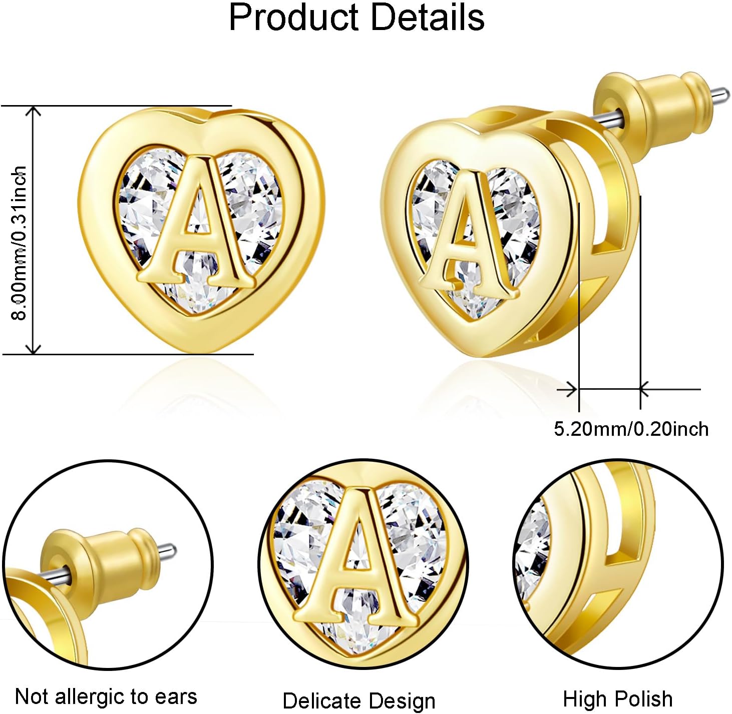 Thumbnail 5 de Heart Initial Stud Earrings CZ 14K Gold