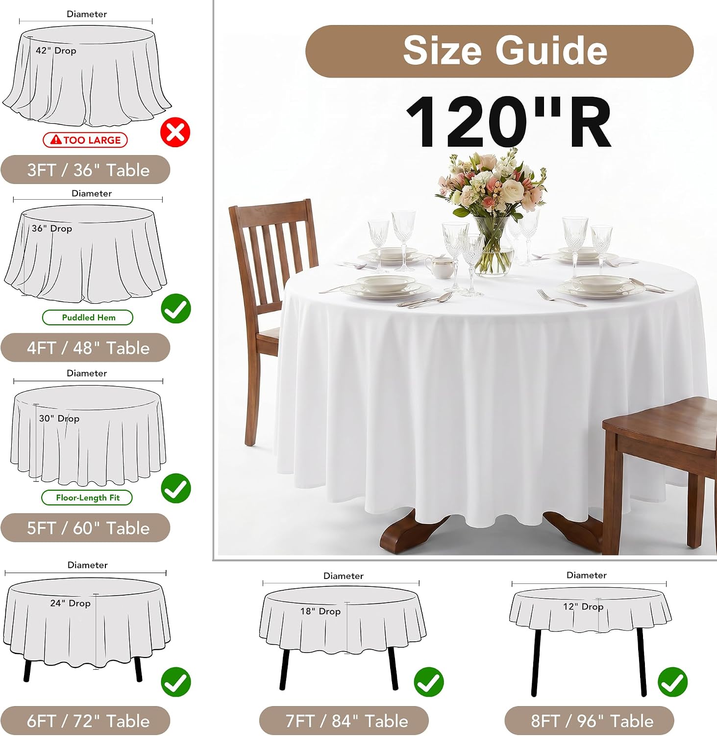 Thumbnail 3 de Fitable 8 Pack Round Tablecloths: Stain-Resistant, 120 Inch White
