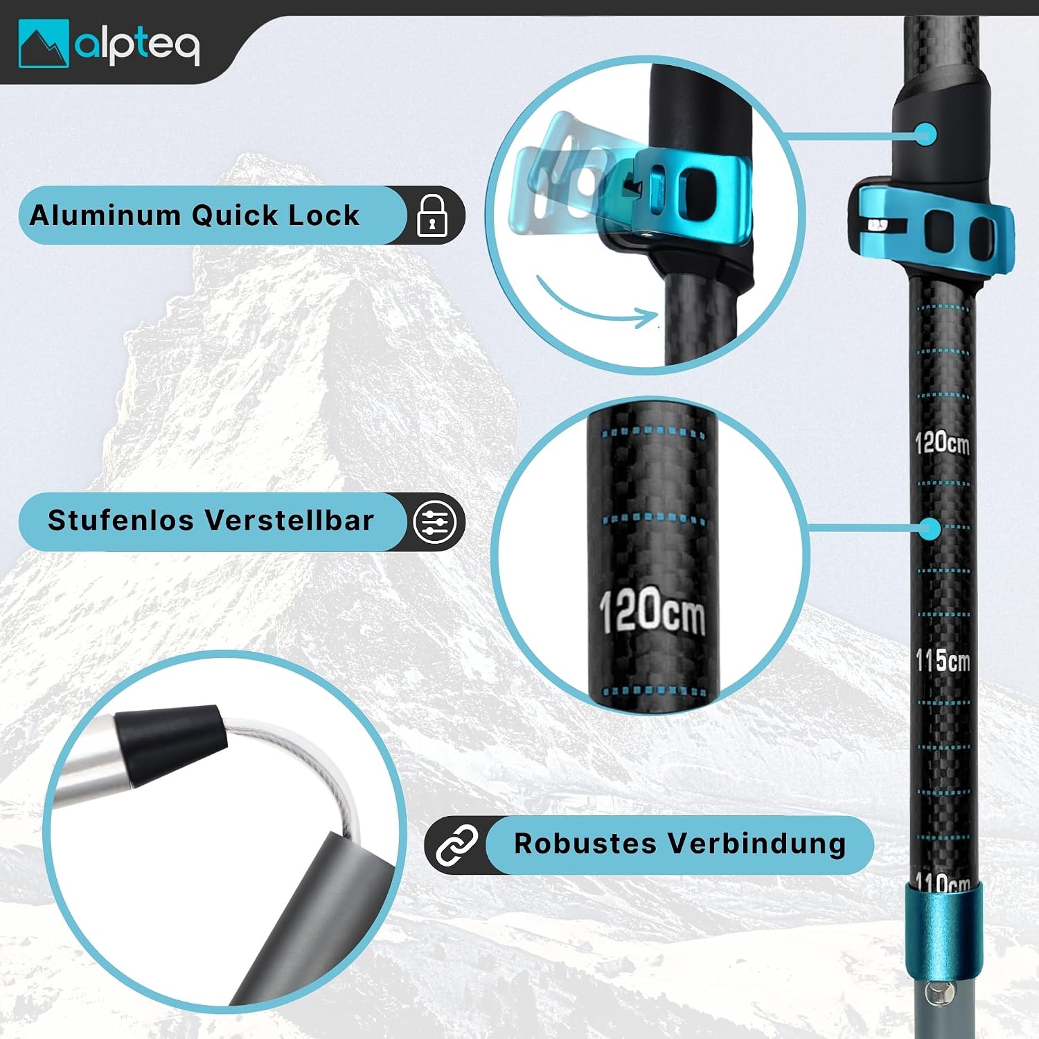 Detalle de Alpteq Wanderstöcke faltbar: Carbon oder Aluminium mit Korkgriff – ultraleicht, kompakt und vielseitig einsetzbar