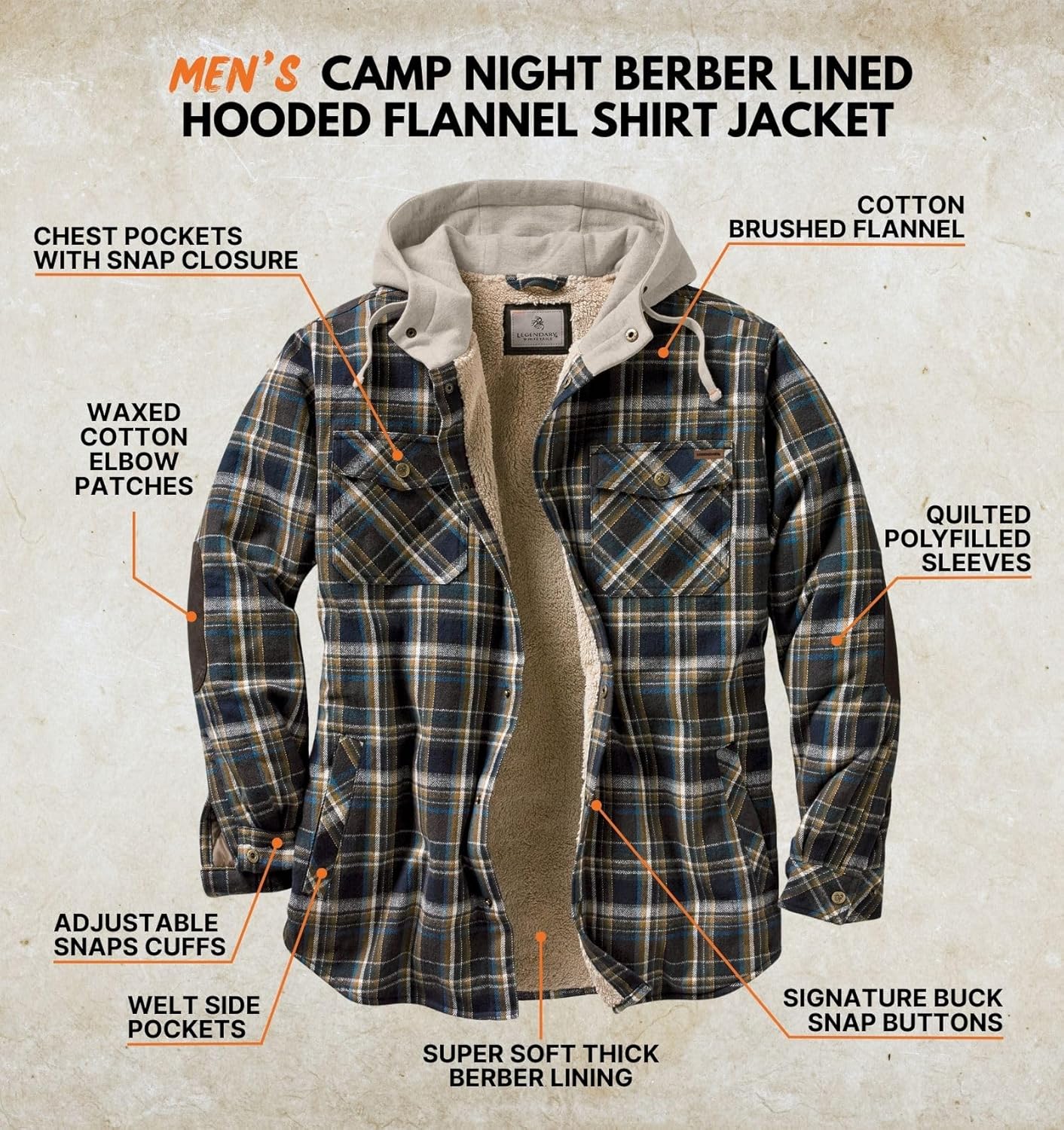 Detalle de Legendary Whitetails Men's Hooded Shirt Jacket: Plaid Flannel Berber-Lined Shacket