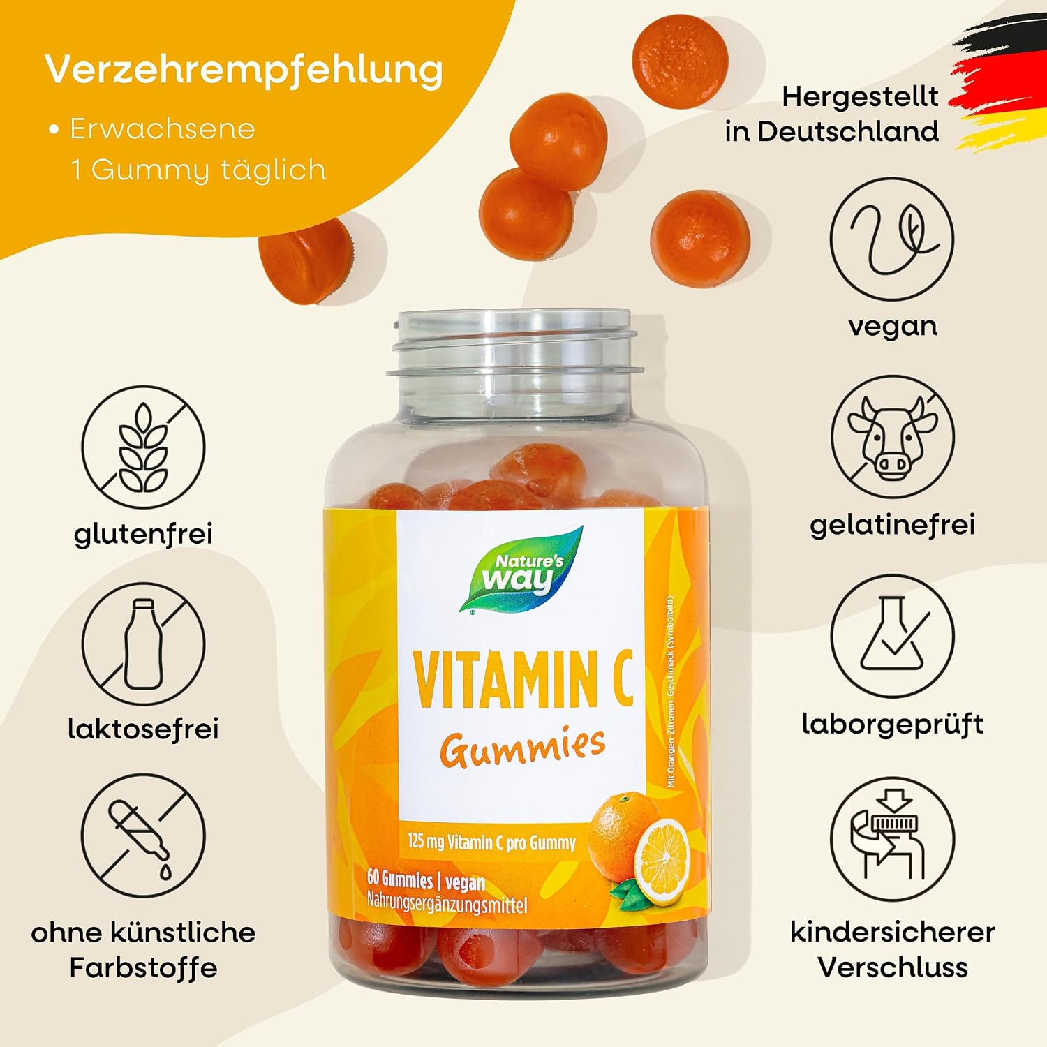 Detalle de Vitamin C Gummibärchen für Erwachsene – hochdosierte Vitamin-C Gummies mit 125 mg, vegan & gluten- sowie laktosefrei (60 Stück)