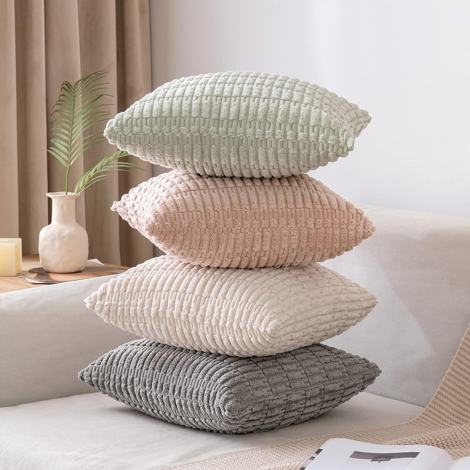Thumbnail 3 de MIULEE 2-Pack Corduroy Cream White Square Cushion Covers 50x50 cm (20x20 in) – Boho Deco for Living Room or Bedroom