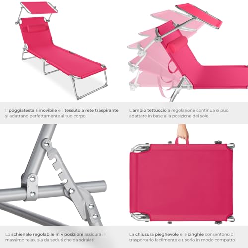 Detalle de tectake Lettino Prendisole Pieghevole 190 x 68 x 111 cm – Sedia a Sdraio con Parasole, Cuscino e Maniglia, Regolabile, Rosa