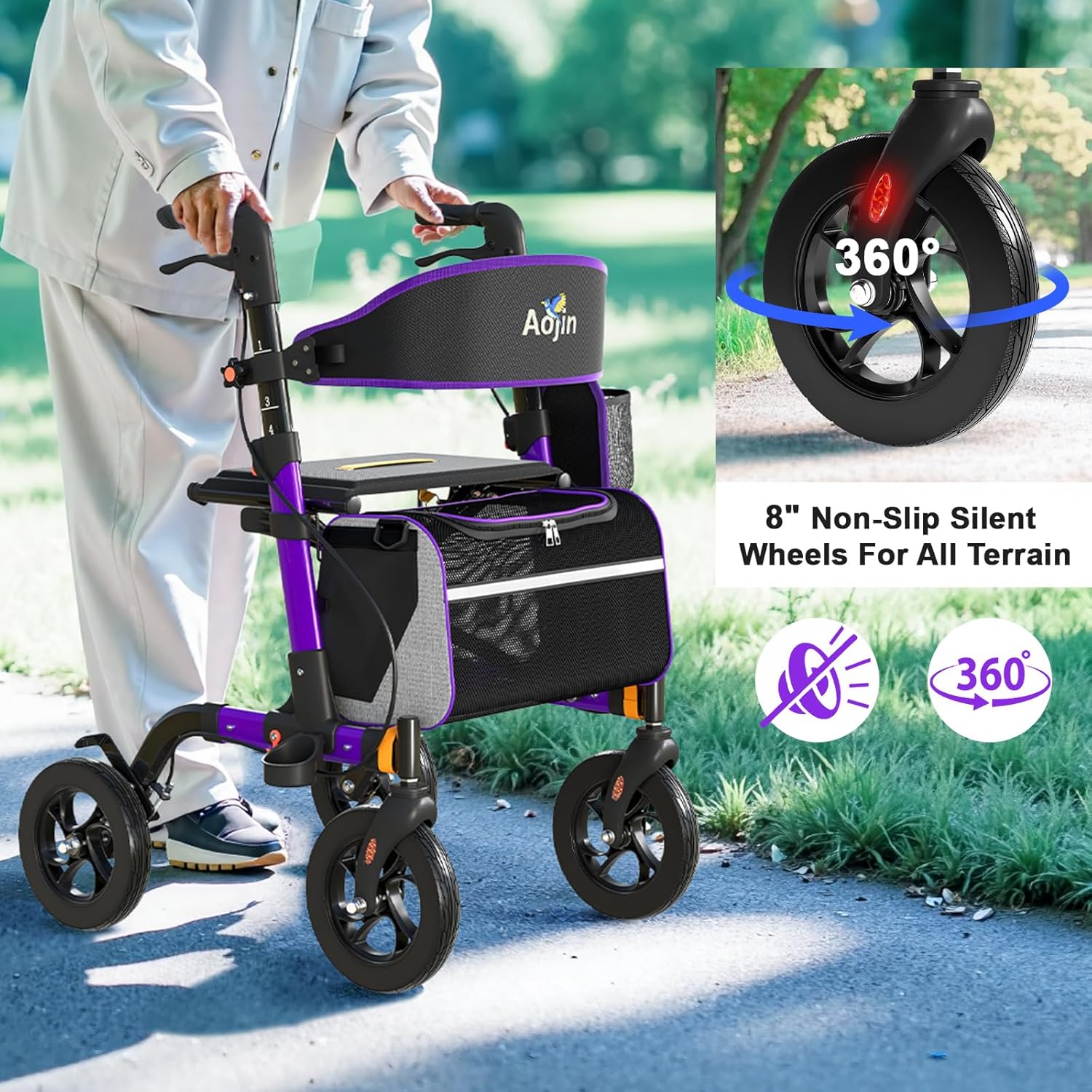 Detalle de Walkers for Seniors Rollator with Seat 350 lb Capacity 🟪