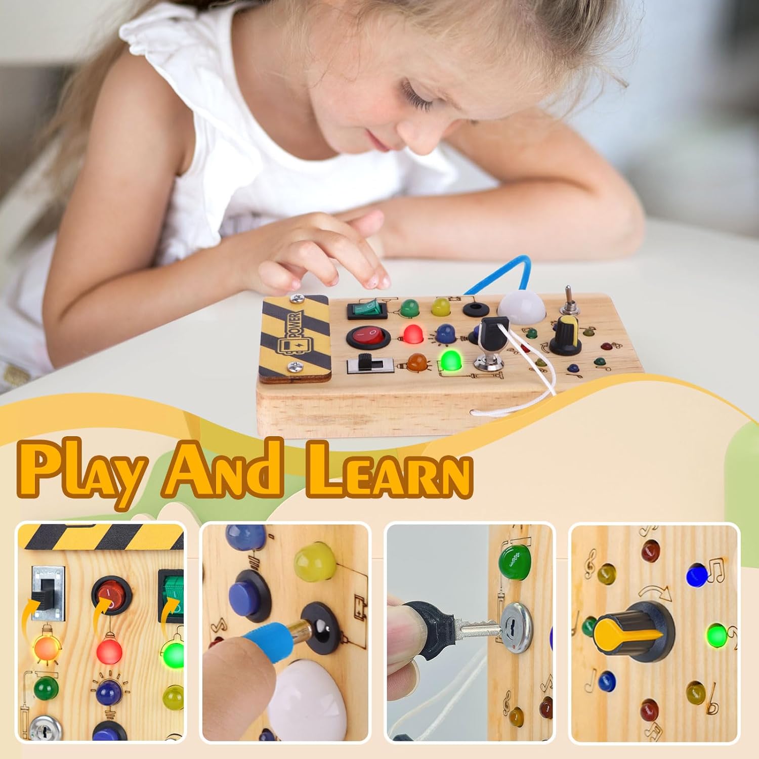 Detalle de Hoarosall Montessori Wooden Busy Board with 8 LED Light Switches
