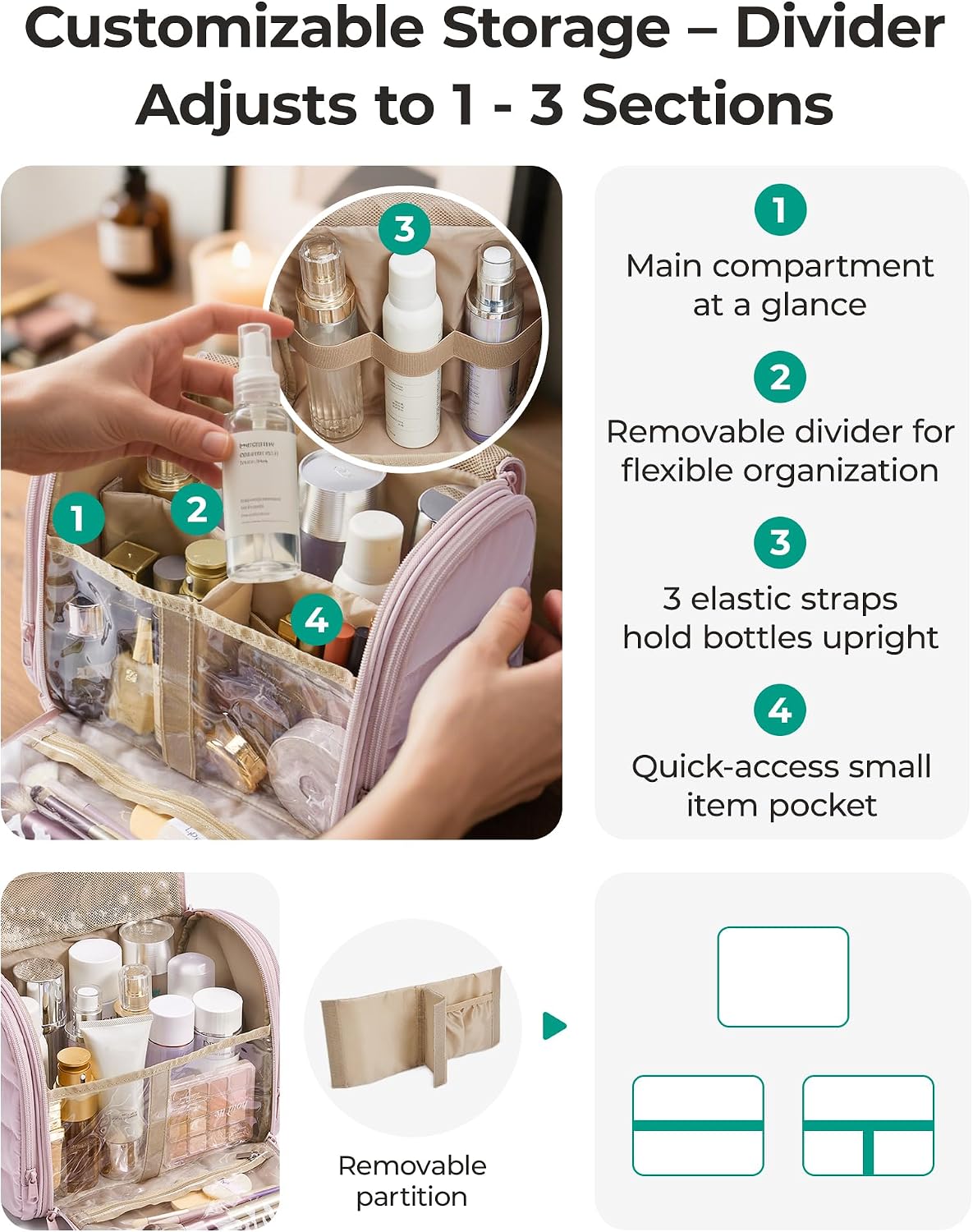 Thumbnail 1 de BAGSMART Hanging Puffer Toiletry Bag with Removable Dividers – Large Water-Resistant Cosmetic Case (Camel)