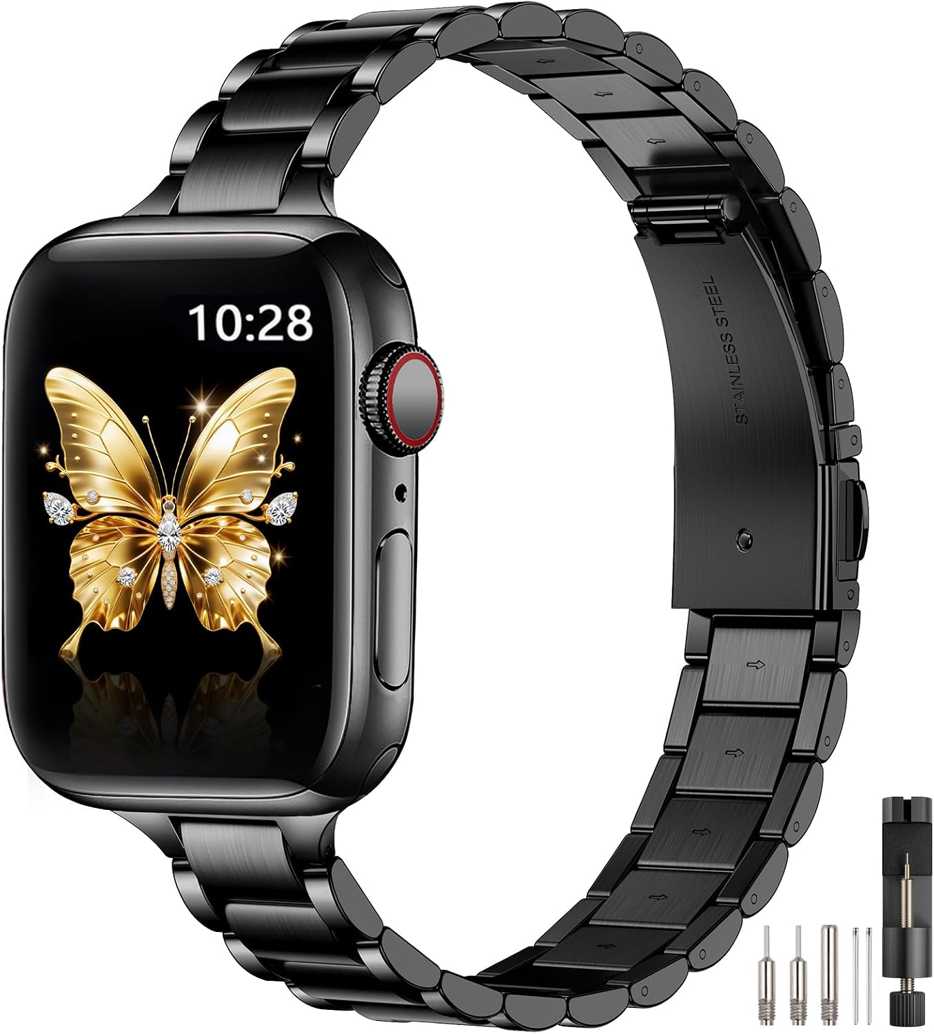 Detalle de WFEAGL Slim Straps: Stainless Steel Replacement Band for Apple Watch (40/41mm, 38/42mm) – Black