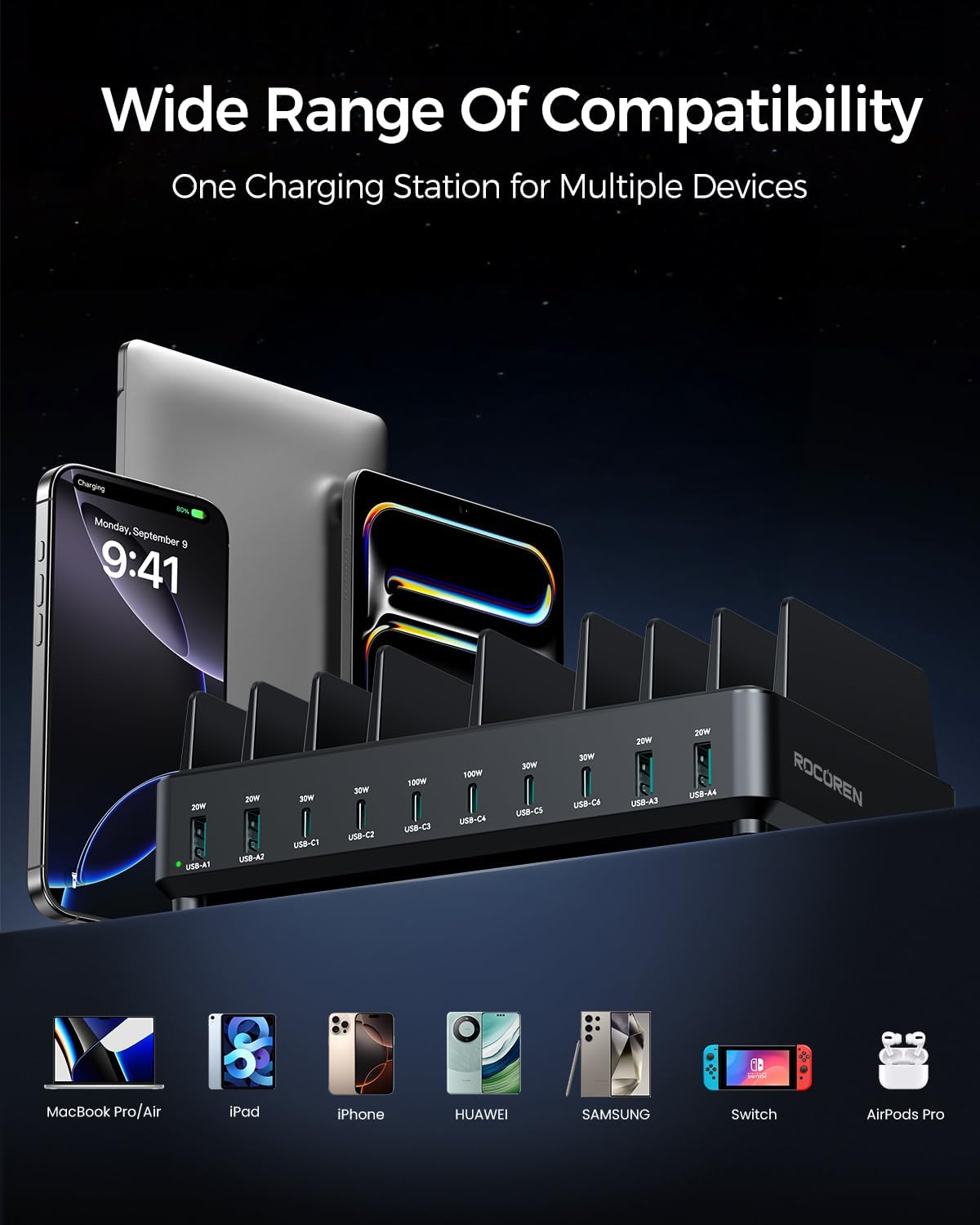 Thumbnail 6 de Rocoren 400W 10-Port USB Charging Station (GaN PD 100W, 6× USB-C + 4× USB-A) for MacBook, iPad and more