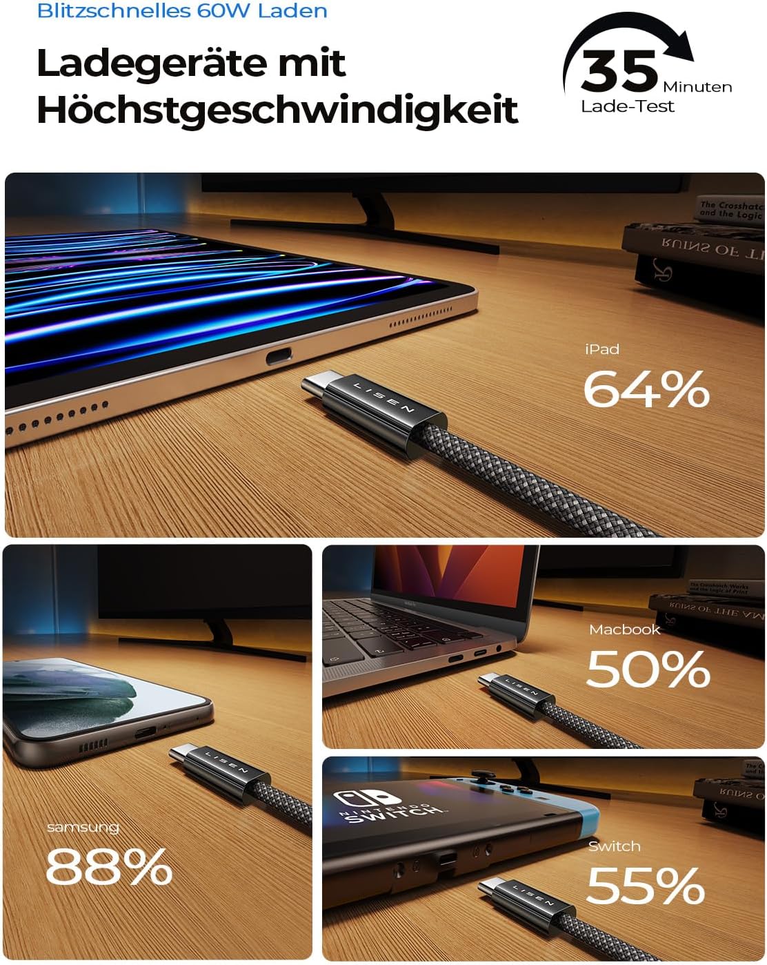 Detalle de LISEN USB-C Kabel Schnellladekabel 60W PD3.0 – 2er Pack, 0,5 m