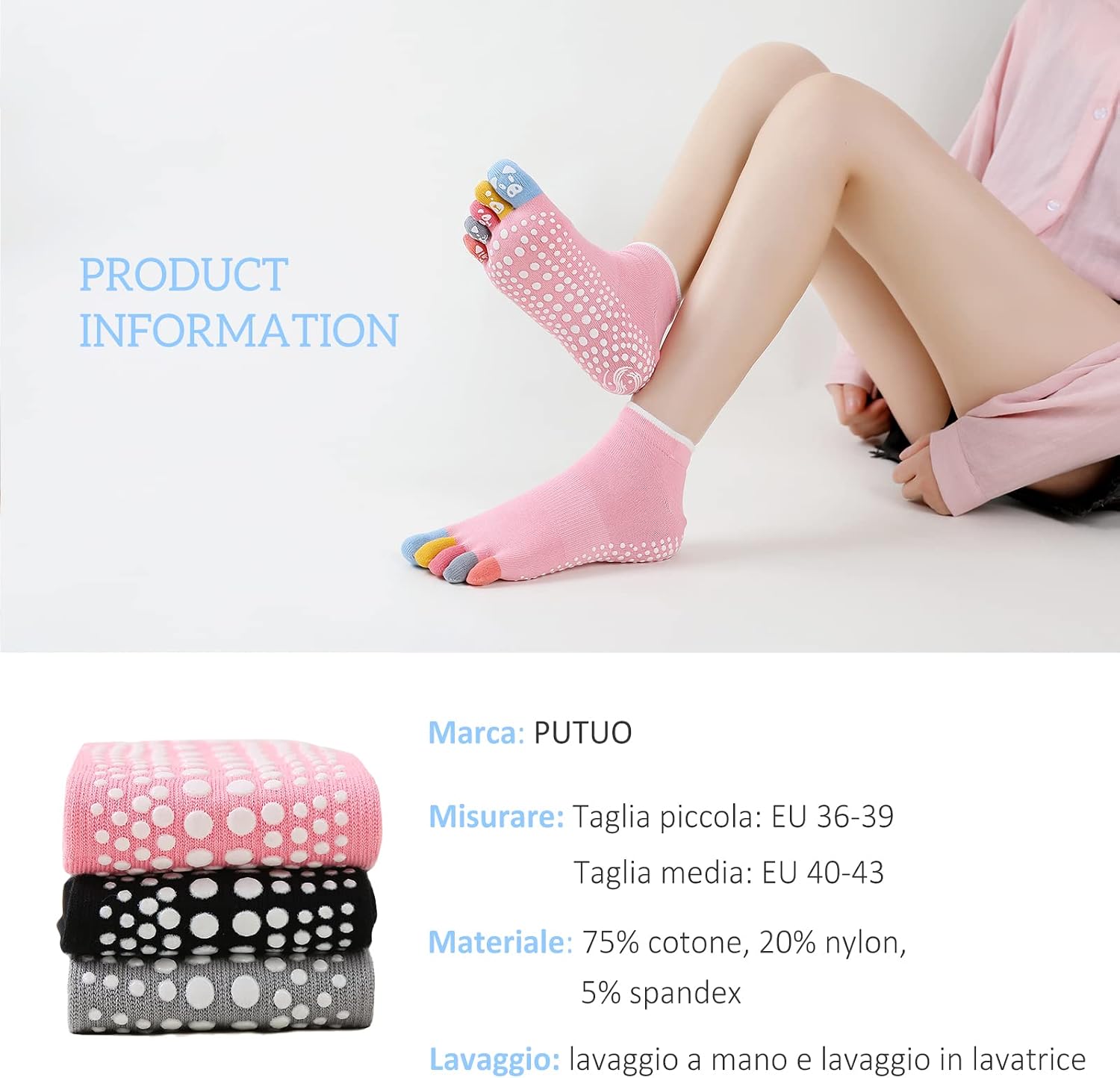 Detalle de PUTUO Calzini antiscivolo da donna con dita (5 dita) per yoga, pilates e fitness, 3 paia EU 36-43
