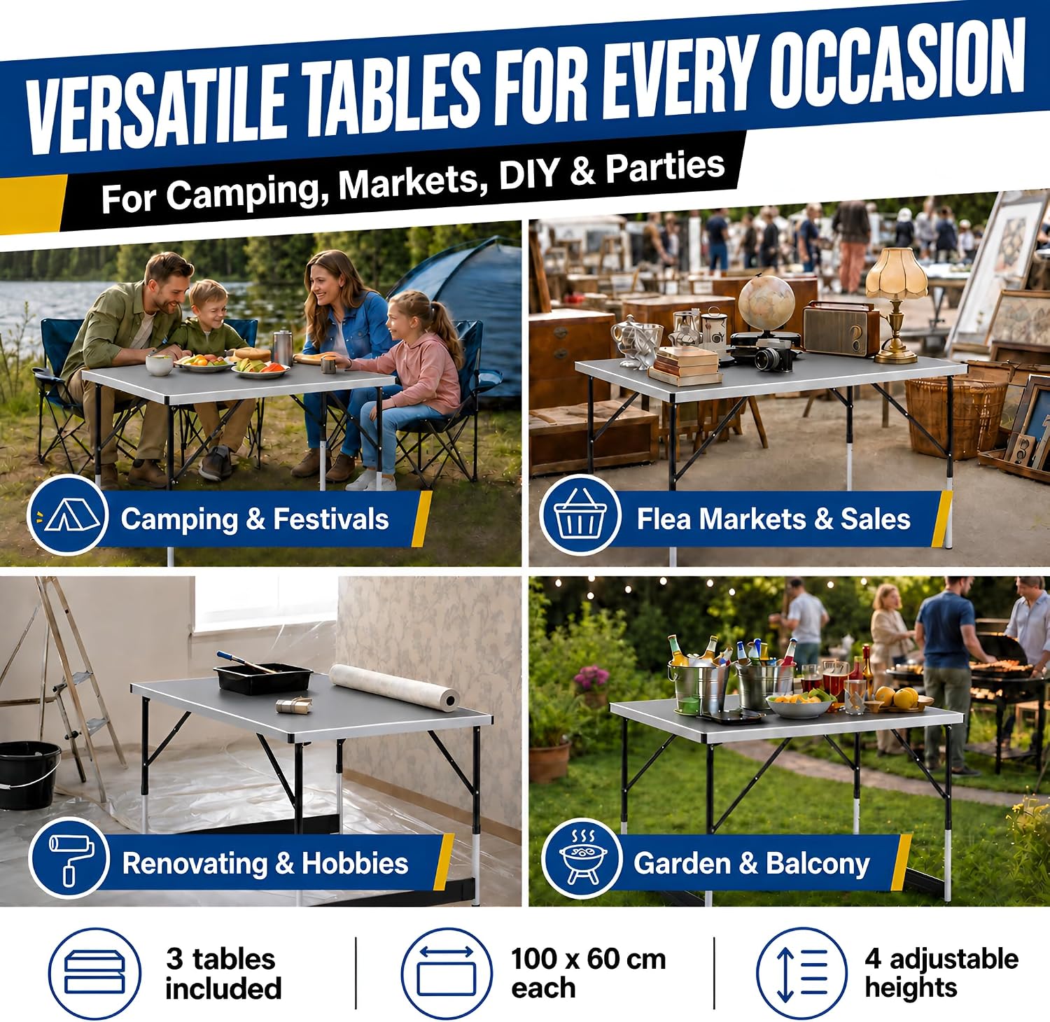 Detalle de GOODS+GADGETS 3541824 Folding Table Set of 3, Adjustable Height