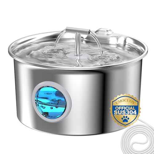 Detalle de UMOCUOY fuente de agua para gatos de acero inoxidable 304 con cuenco dispensador automático y doble caño (2,6 L)