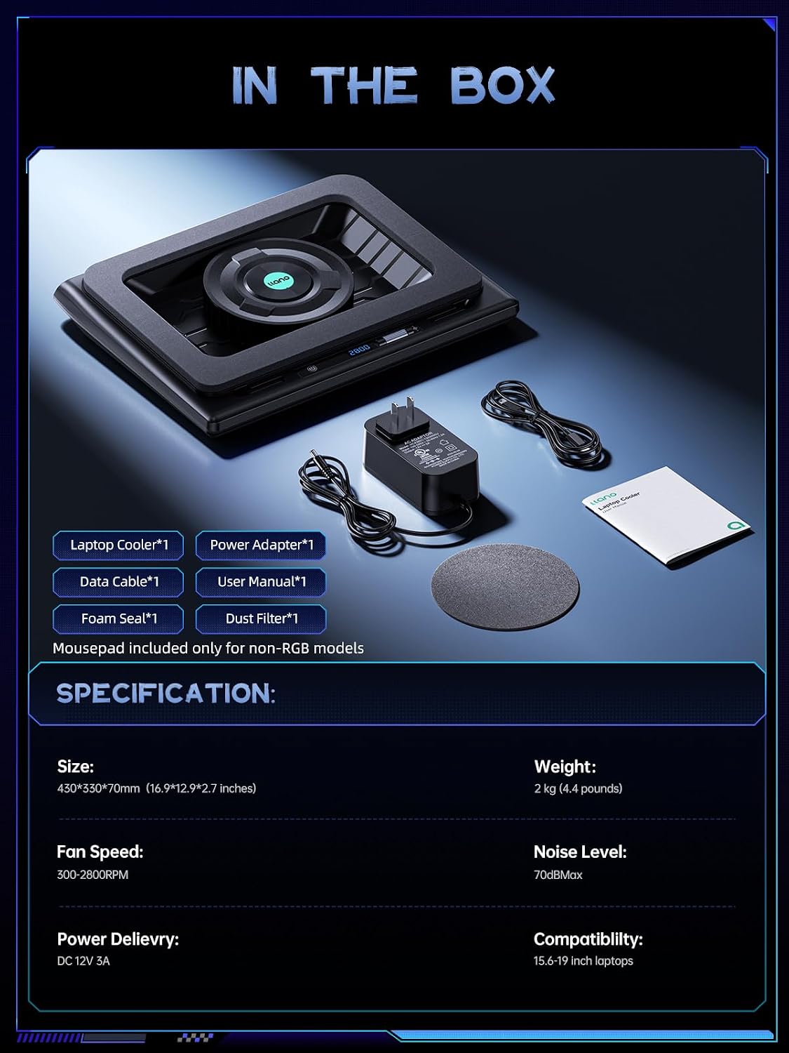 Thumbnail 6 de llano V12 Laptop Cooling Pad with 5.5-Inch Turbofan, Touch Controls and 3-Port Hub
