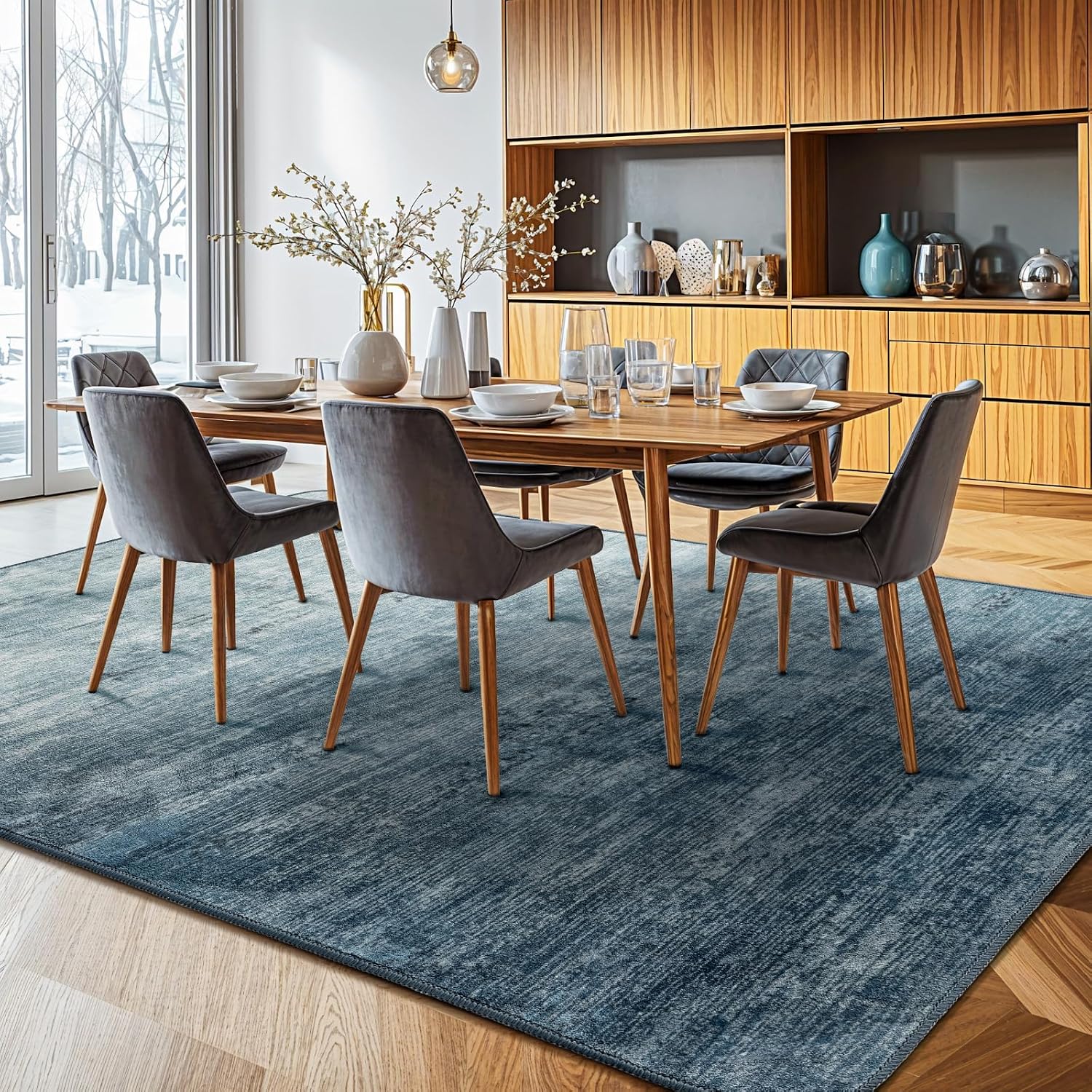 Detalle de LIANLAM QYDD5-912-BE-2 9' x 12' Washable Blue Low-Pile Area Rug