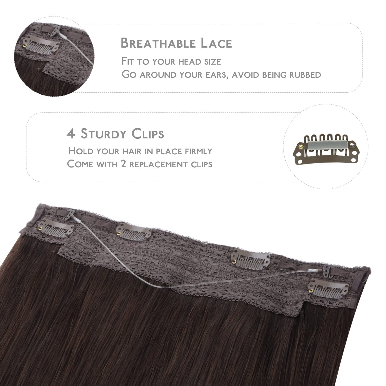 Detalle de WENNALIFE Real Human Hair Wire Extensions, 16 inch, Light Dark Brown, 95g