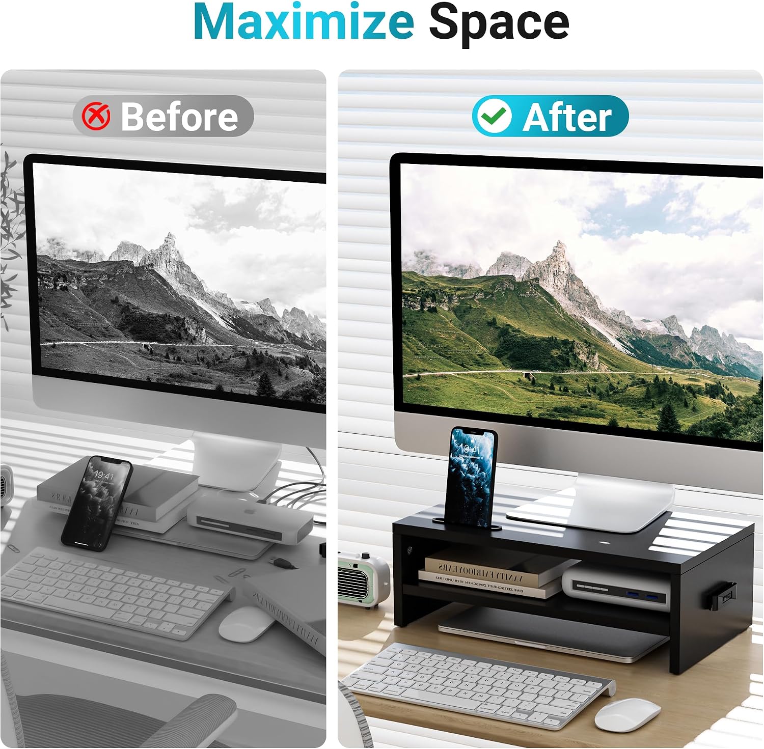 Detalle de BONTEC FBA_MTR-S2 monitorverhoger van MDF, zwart, twee niveaus