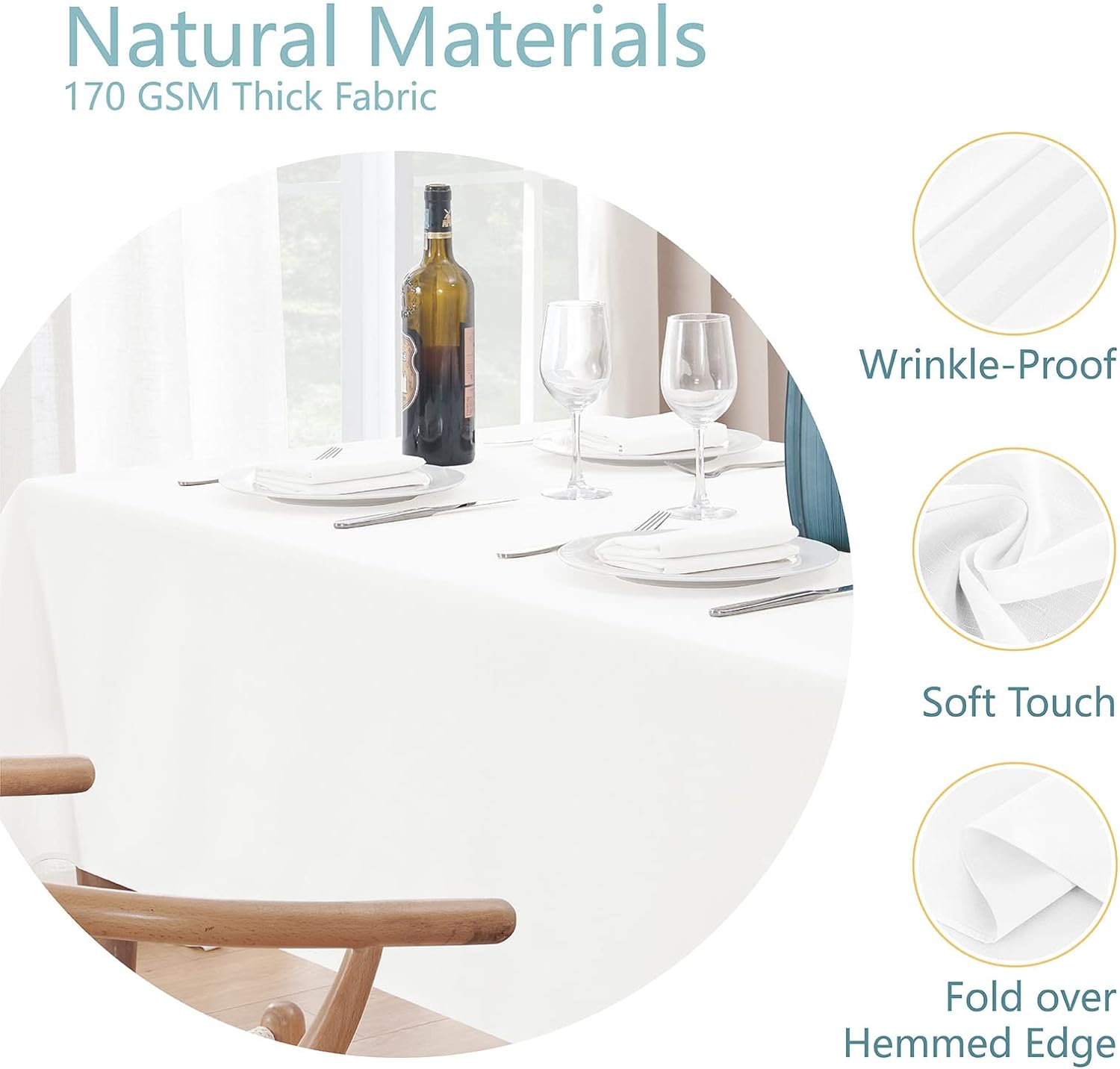 Detalle de Veblandy Rectangle 6 Feet Tablecloth 60x104 inch – White Faux Linen, Water-Resistant & Wrinkle-Resistant Polyester