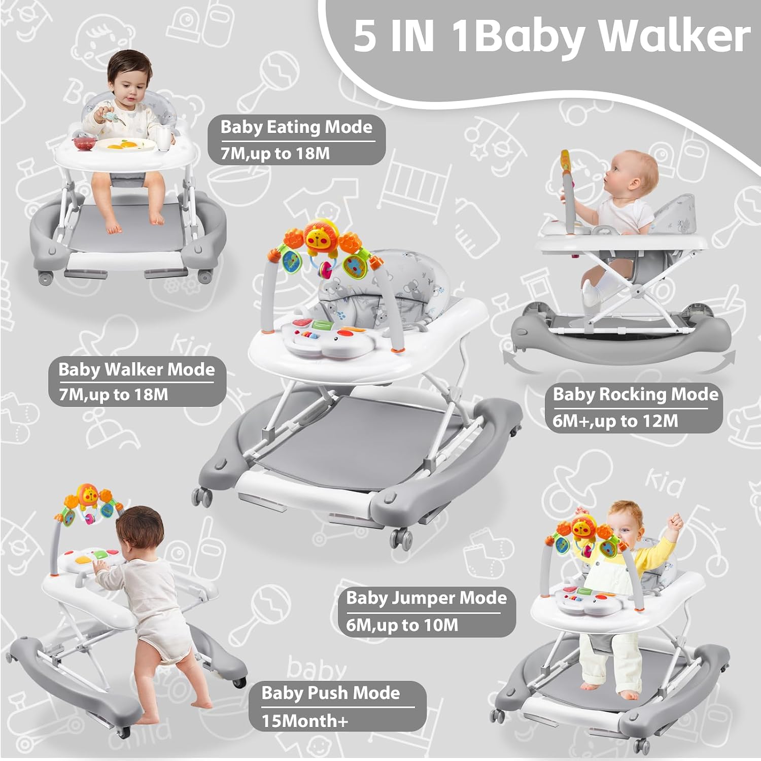 Thumbnail 1 de RefoereBabe 5-in-1 Baby Walker: Foldable, Adjustable, and Multi-Mode Activity Center