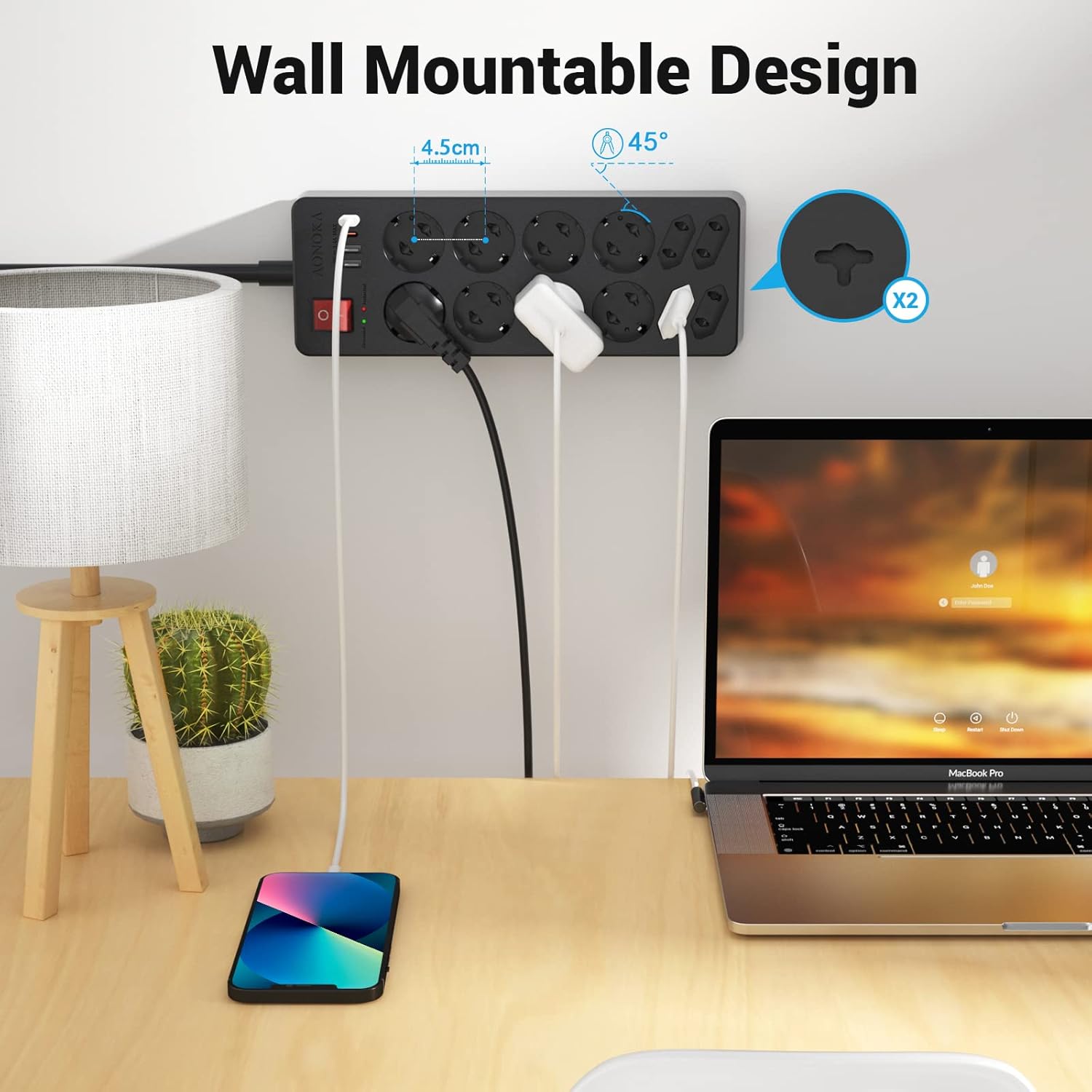 Thumbnail 4 de AONOKA Ciabatta multipresa con USB-C e USB-A, protezione sovratensione, 12 prese Schuko e cavo 1,5 m (nero)