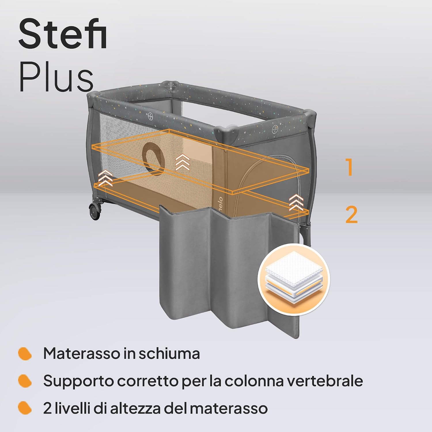 Thumbnail 2 de Lettino da Viaggio STEFI PLUS di Lionelo: pieghevole, con materasso e 2 livelli per bambini 0–3 anni