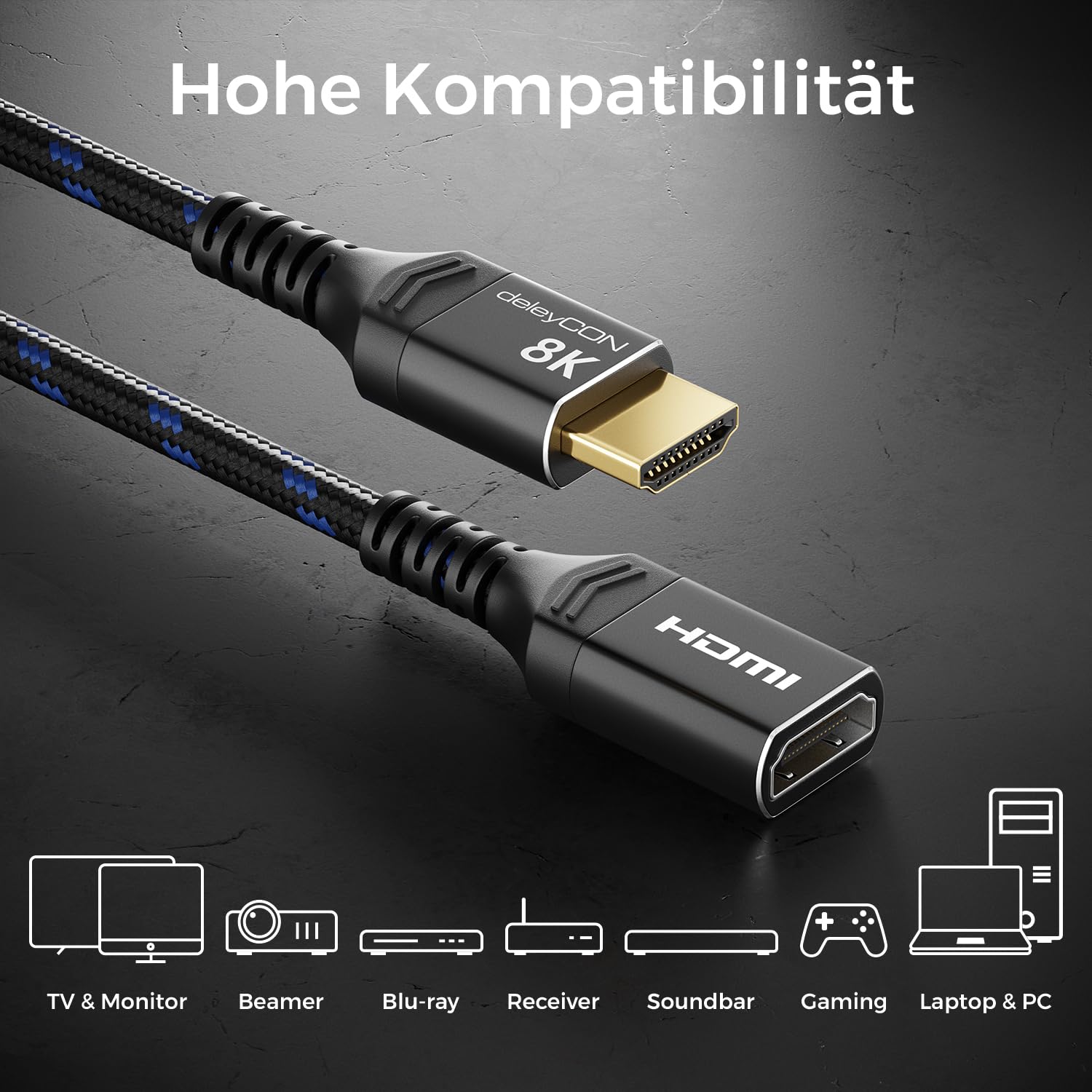 Thumbnail 6 de deleyCON 2m 8K HDMI 2.1 Verlängerungskabel – Kupplung/Verlängerung für TV, Monitor, PS4/PS5, Xbox, eARC HDR10+ 48 Gbps