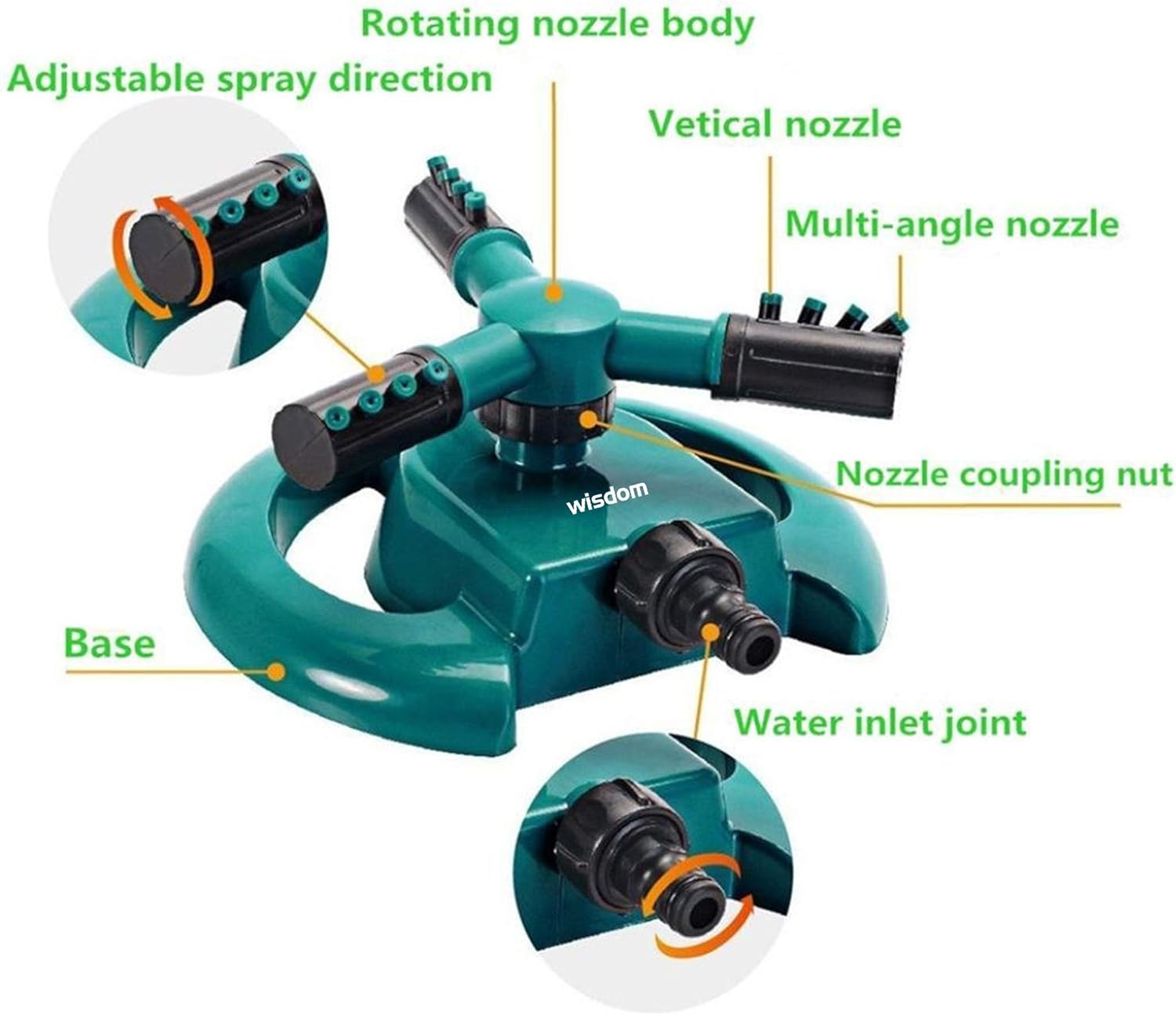 Thumbnail 3 de WISDOMWELL Garden Sprinkler Automatic Lawn Water Sprinkler 360 Degree 3 Arm Rotating System