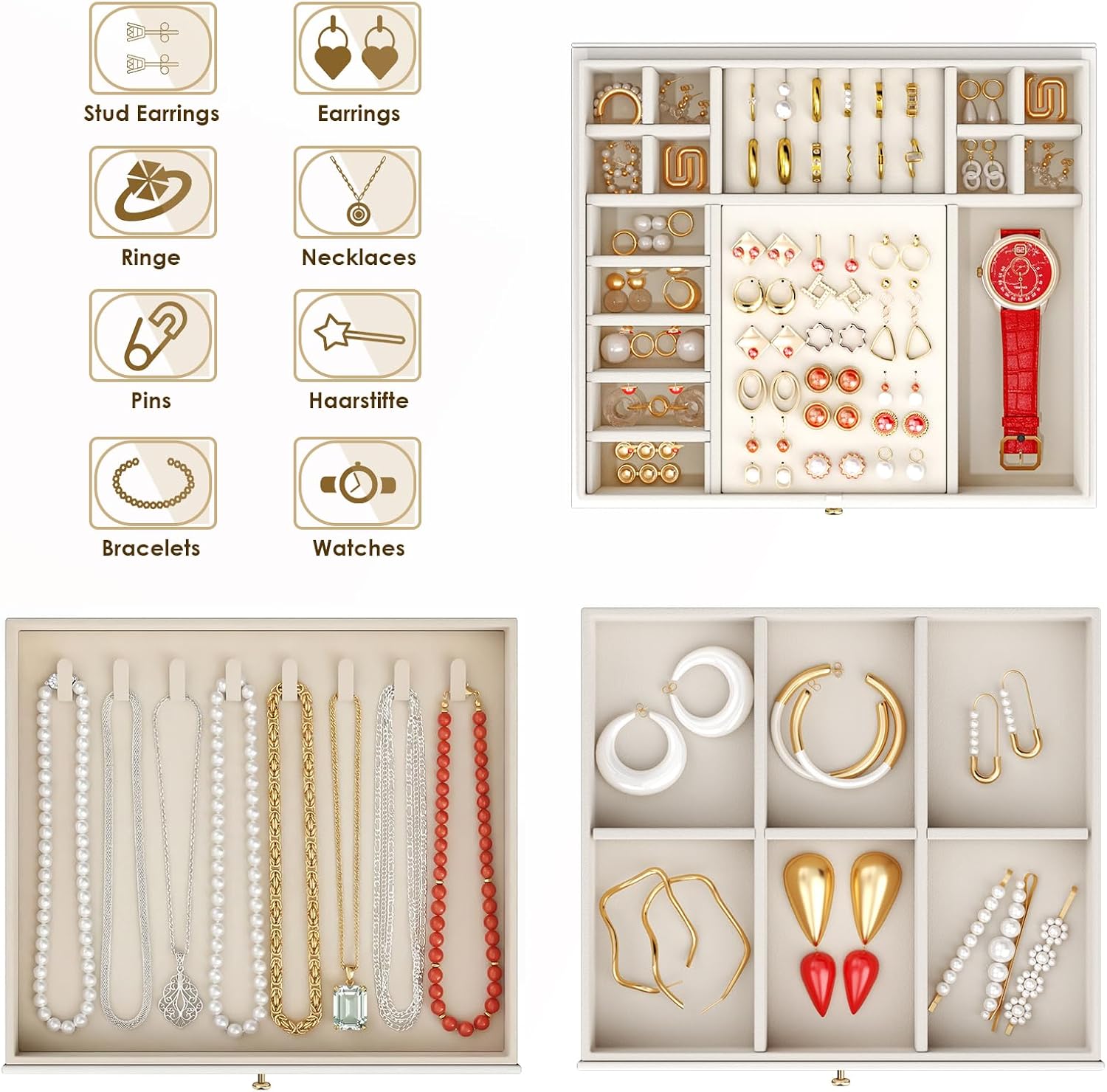 Thumbnail 4 de OrderlyGo Large Jewellery Box: 3-Tier, 2 Drawers Jewellery Organiser in Cloud White