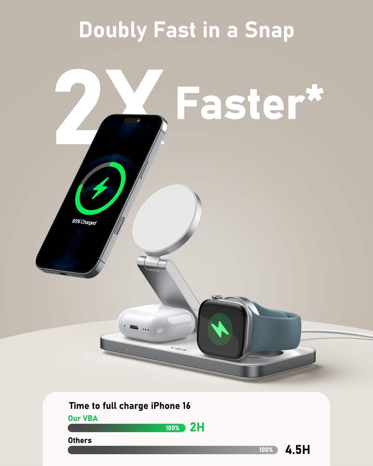 Detalle de VBA 3 in 1 Wireless Charging Station for iPhone, Apple Watch, AirPods