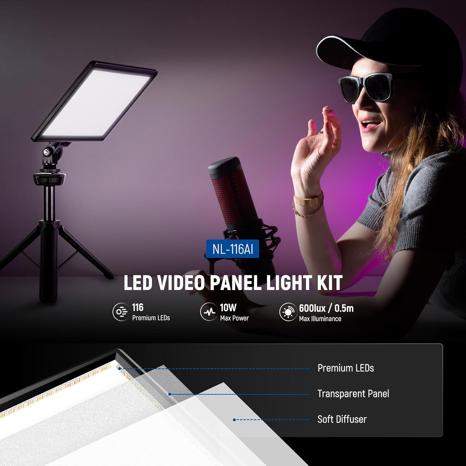 Thumbnail 1 de NEEWER NL-116AI 9" Dimmable LED Video Light Panel with Desk Tripod, 3200K–5600K CRI95+