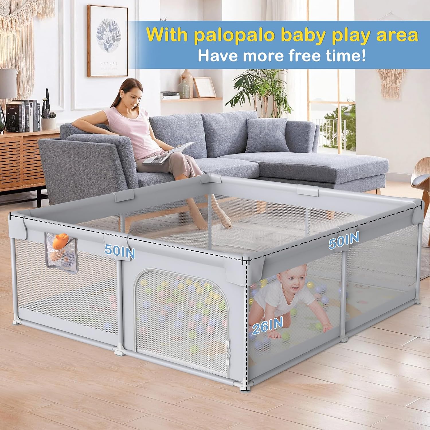 Thumbnail 5 de Palopalo 51 x 51 in Baby Playpen with Mat, Breathable Mesh and Padded Rails