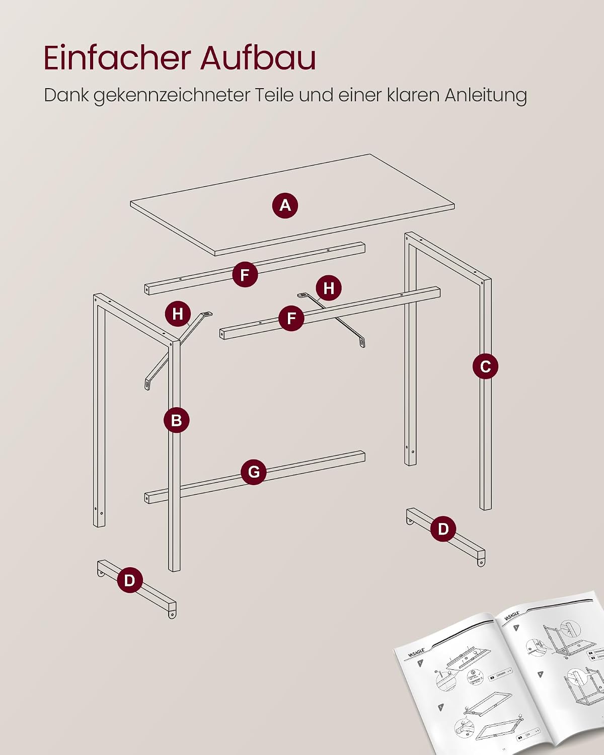 Thumbnail 6 de VASAGLE Tisch 80 x 50 cm – computertisch für Arbeitszimmer, Schlafzimmer oder Wohnzimmer