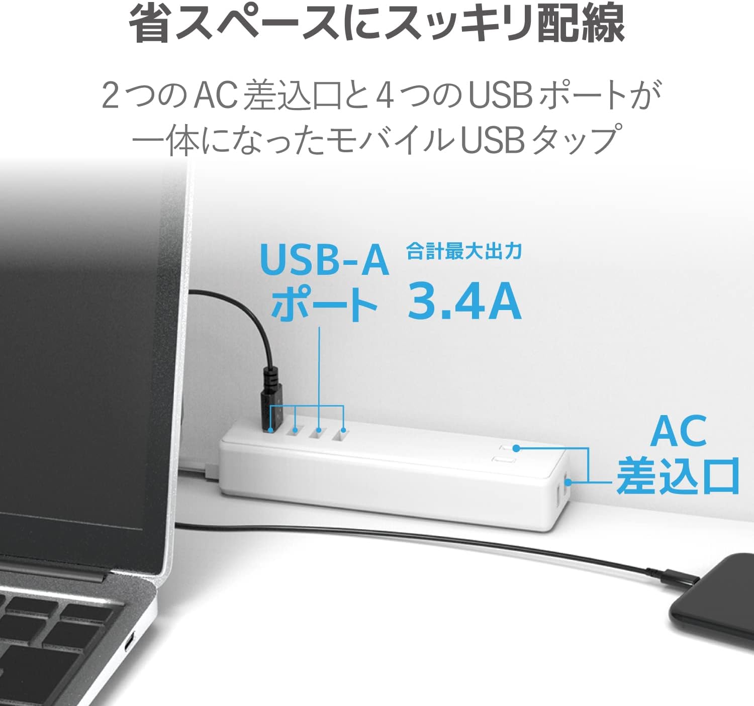 Detalle de エレコム ECT-0415WH USB電源タップ USB-A×4・AC差込口×2・1.5m