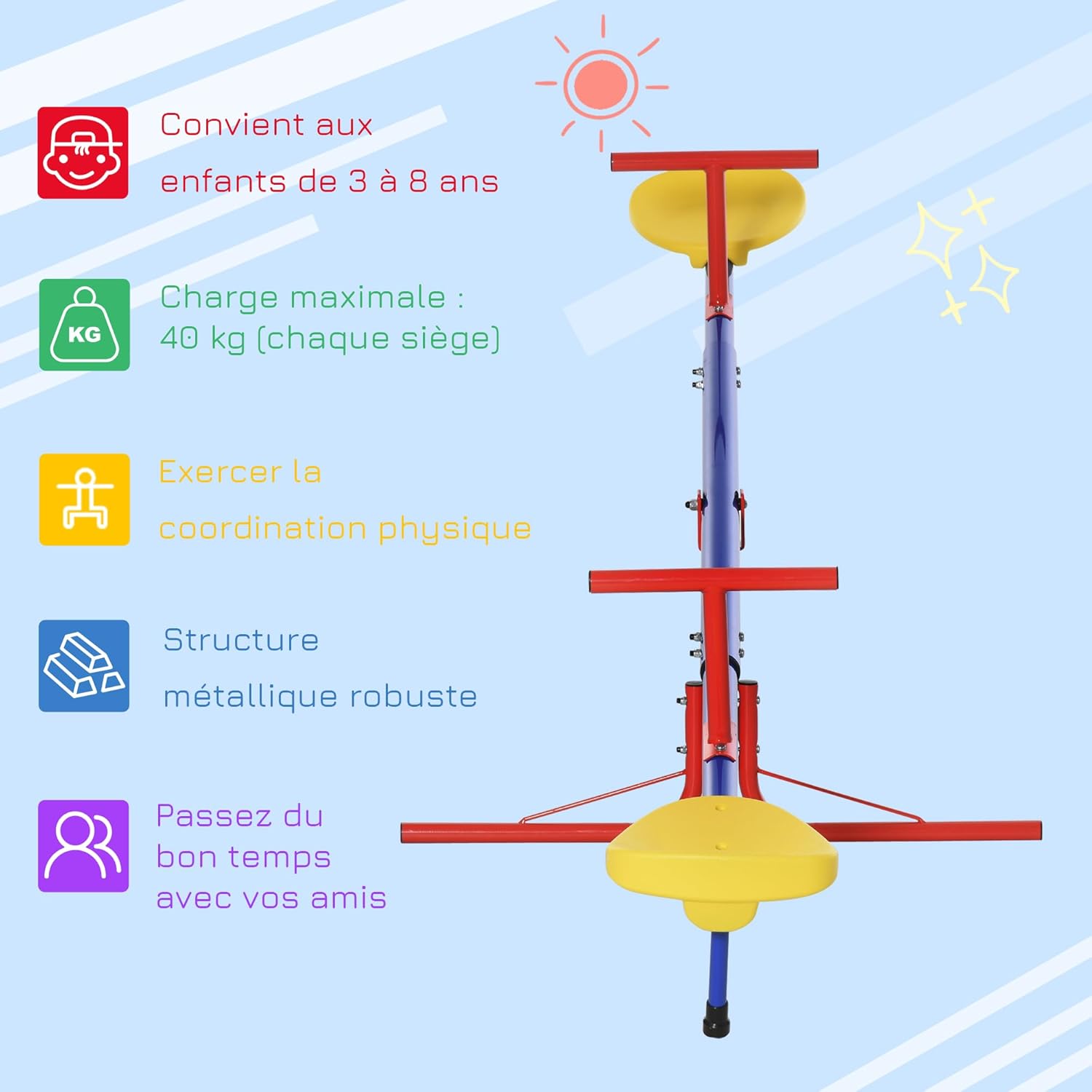 Detalle de Outsunny Balançoire à bascule avec rotation 360° pour enfants de 3 à 8 ans – cadre métal, pied 4 tiges (184 x 76 x 71 cm)