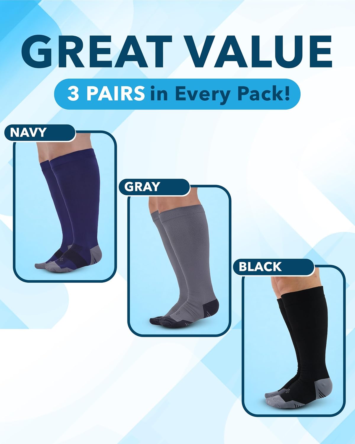 Detalle de Doctor's Select 3 Pairs Plus Size Wide Calf Compression Socks (Up to 6XL) – 20-30 mmHg