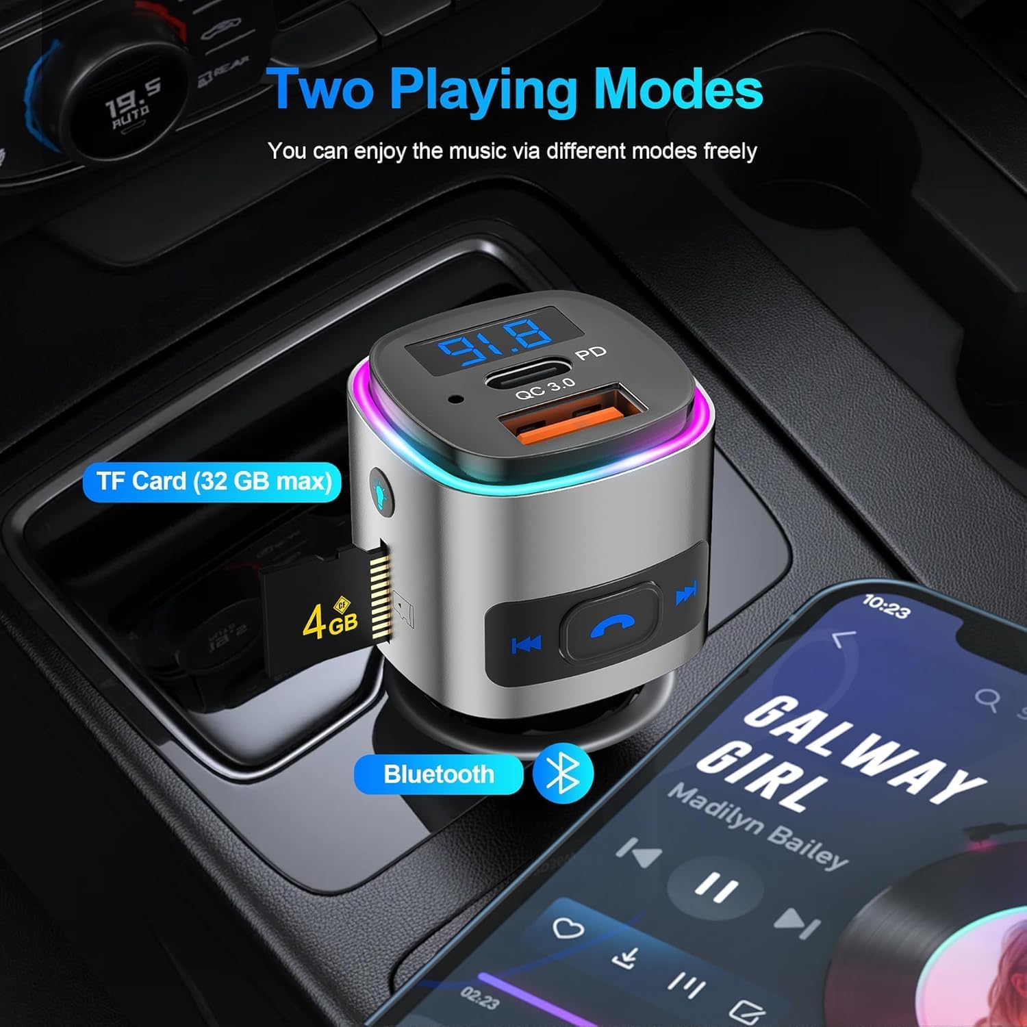 Detalle de SONRU Bluetooth FM Transmitter with Bluetooth 5.3, 30W PD & 18W QC3.0 Fast Charge, 7-Colour LED Backlight