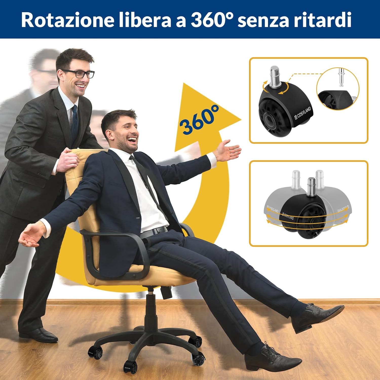 Detalle 2 de COSYLAND Set 5 Rotelle Doppie Nero Trasparente 10x22 mm per Sedie da Ufficio – Parquet e pavimenti delicati