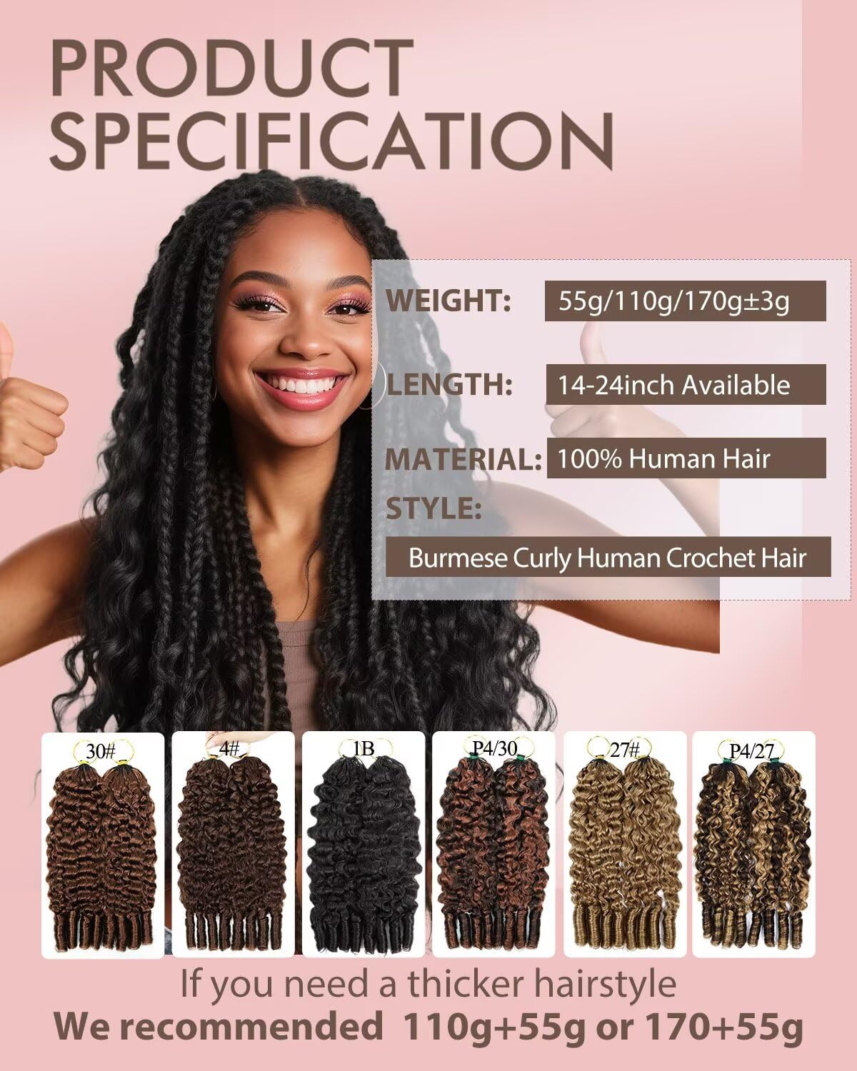 Thumbnail 4 de Human Crochet Hair for Black Women — 18-Inch Feather Burmese Curly Crochet Hair, 55g per Pack (40 Strands)