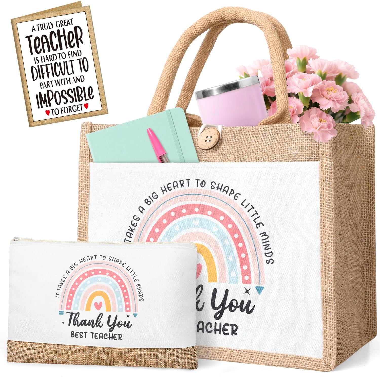 iZoeL Thank You Teacher Gifts Set: Jute Tote, Cards & Keyring