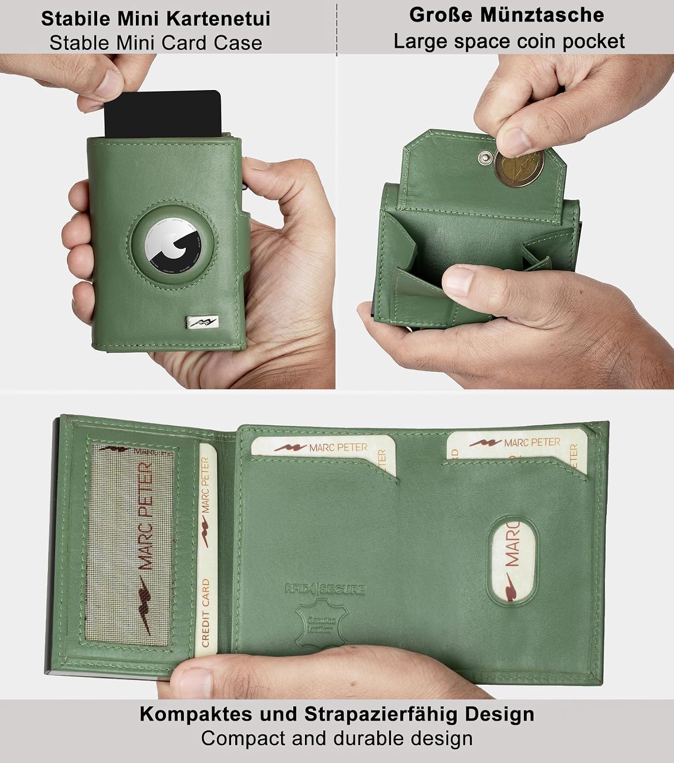 Detalle de Marc Peter Chicago Leder Push Air Slim Wallet – Airtag-Geldbörse mit Münzfach und RFID-Schutz